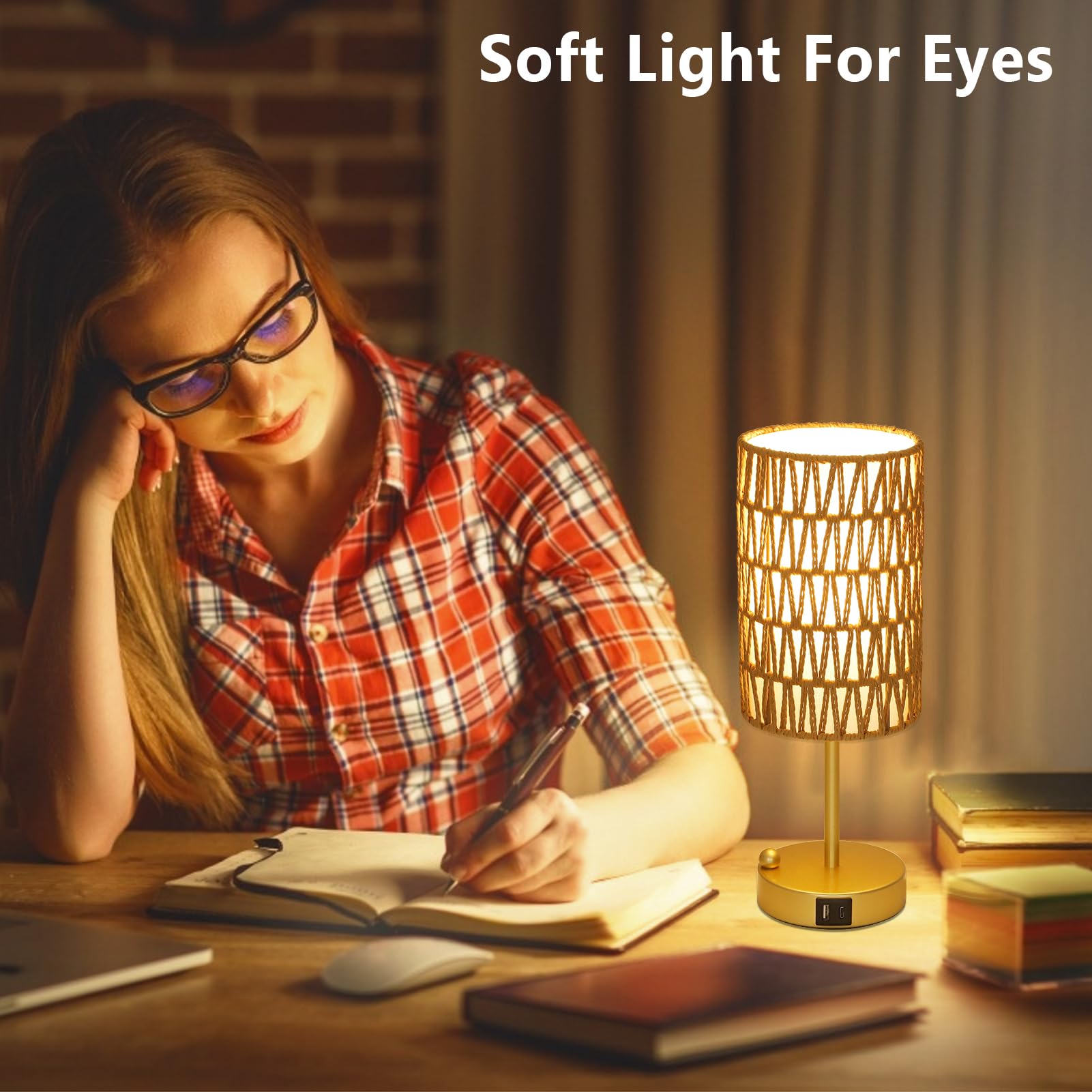 Eayaya Gold Table Lamp For Bedroom With Bulb, Small Touch Control Table Lamp For Living Room With Rattan & Linen Shade, 3 Way Di