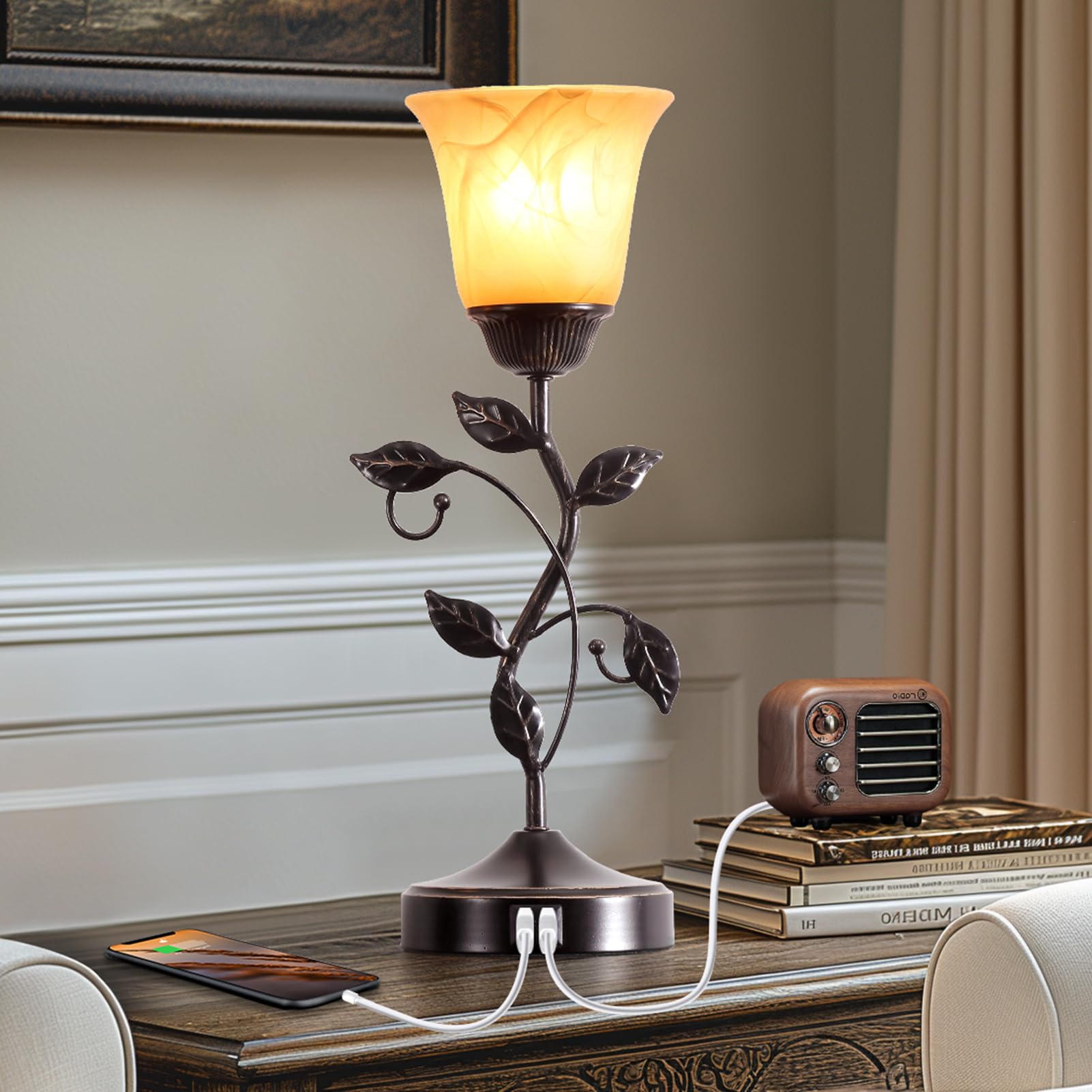 Roriano Set Of 2 Touch Vintage Table Lamps With 2 Usb Ports, 3-Way Dimmable Nightstand Flower Lamps, Amber Glass Shade Rustic Le