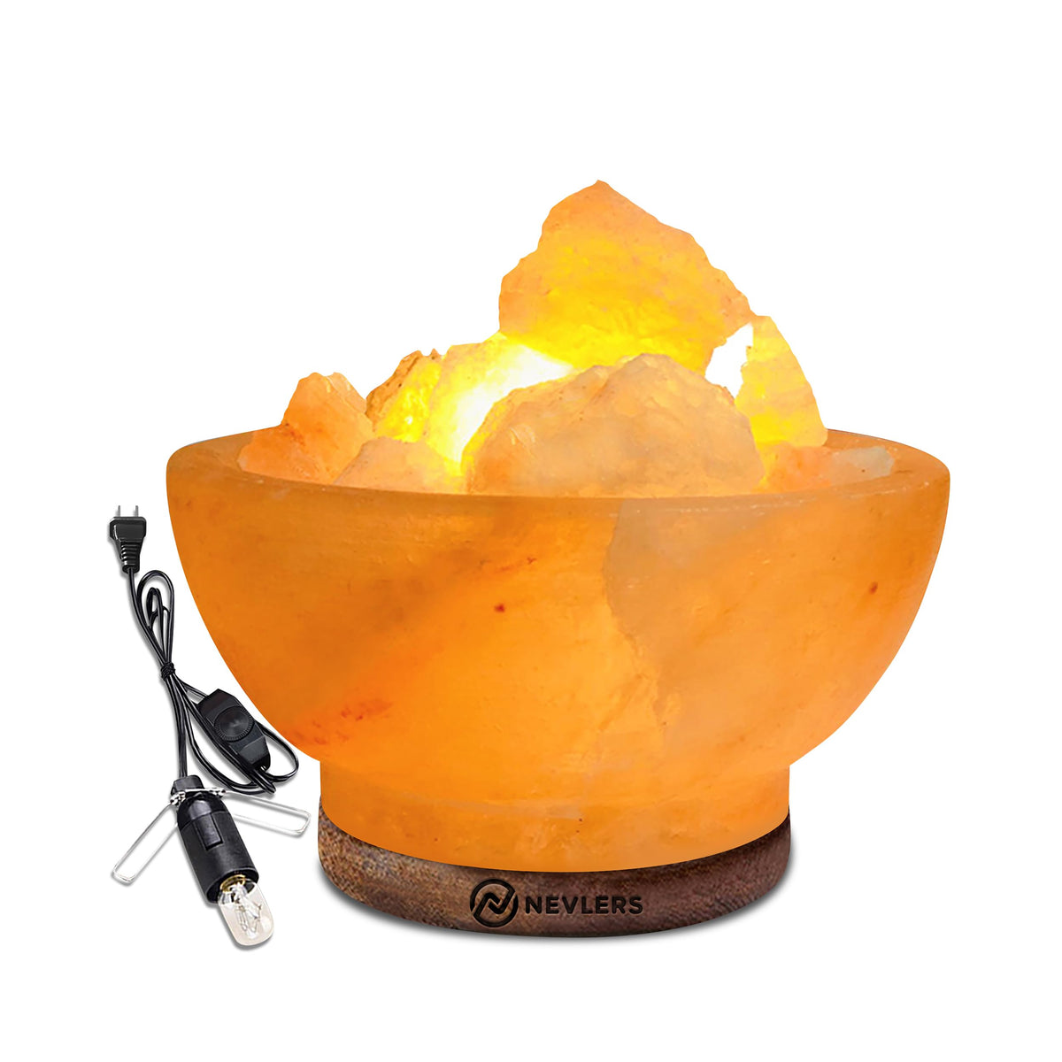 Nevlers 6'' Handcrafted Himalayan Salt Lamp Fire Bowl with Salt Rock Lamp Crystals & Wood Base - Rock Salt Lamp Includes Light B