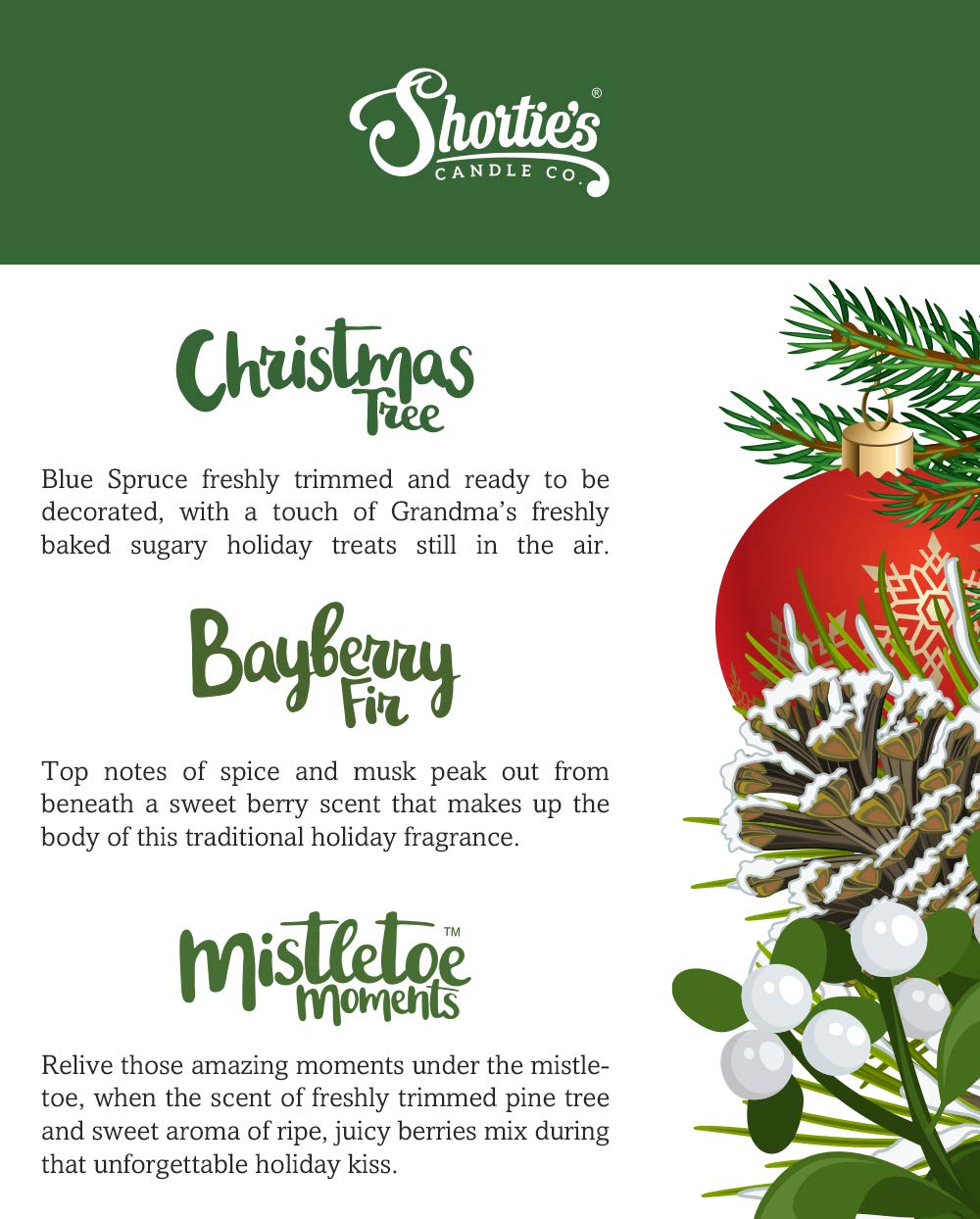 ShortieS Candle Company Pine Tealight Candles - 3 Pack Of Bayberry Fir, Christmas Tree & Mistletoe Moments - Paraffin Wax, Green