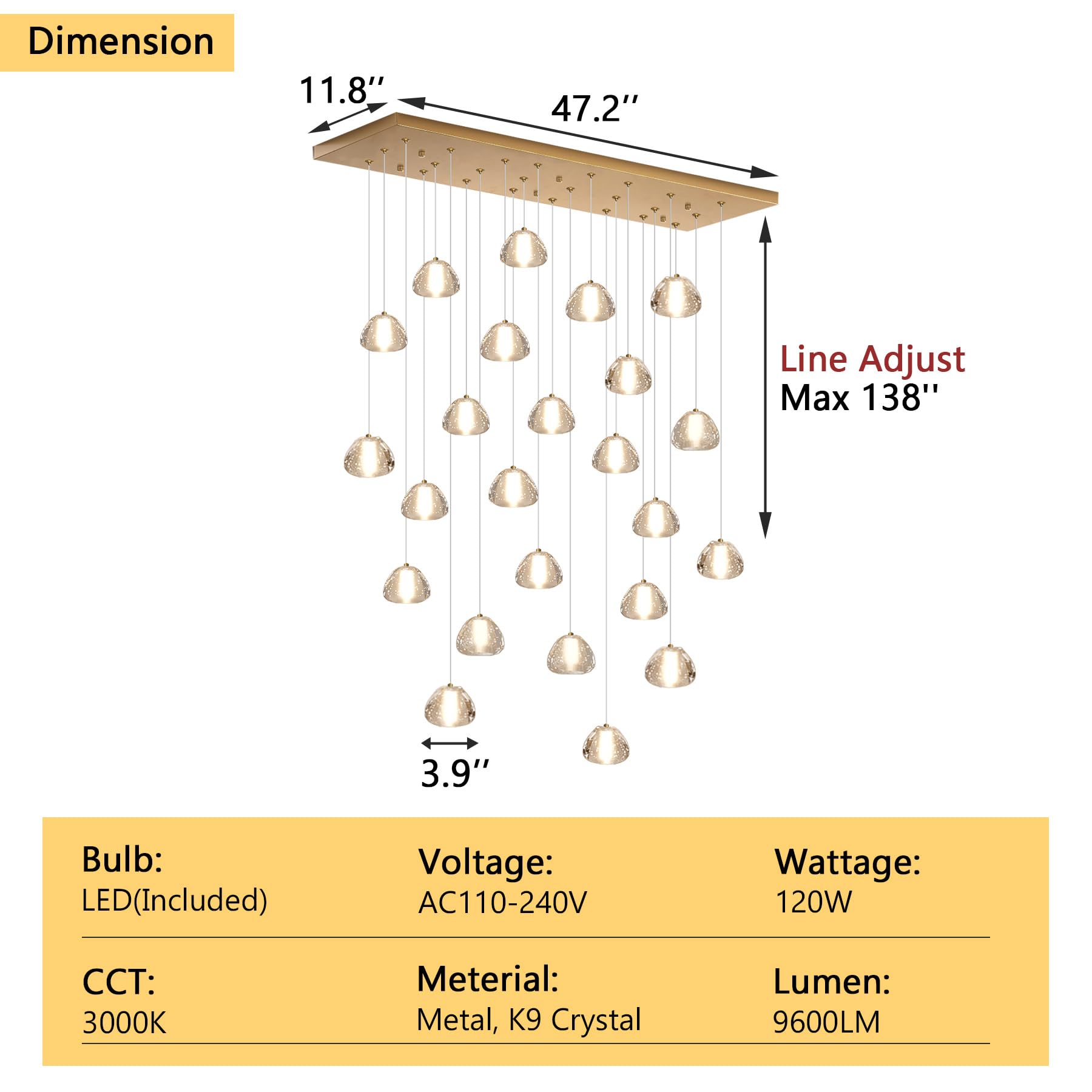 dolria Modern Crystal Rectangular Chandelier, 24-Lights, Gold, LED Pendant Light for Living Room, Hotel, Hallway, Model PC0010-24G-Chang