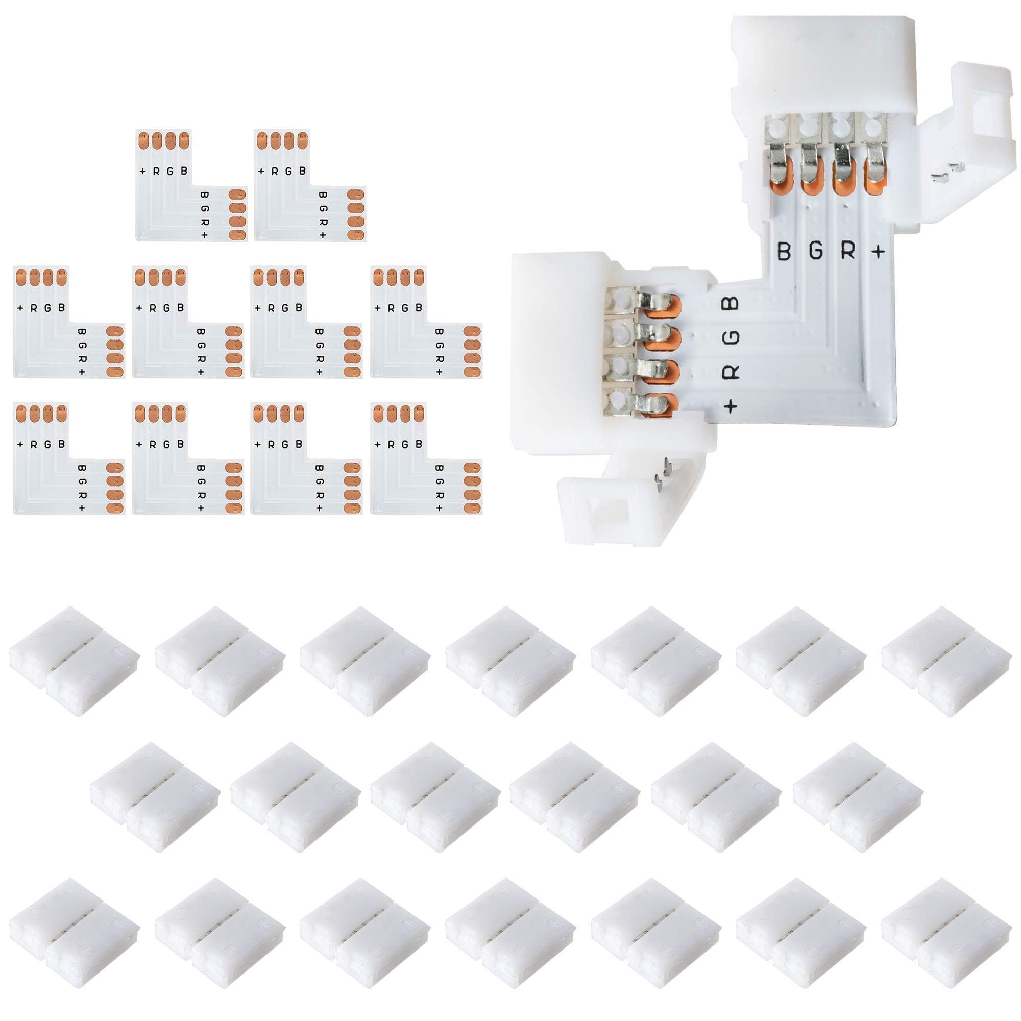Jackyled 20Packs L Shape 4-Pin Led Connectors With 22Pcs Clips 10Mm For Strip Lights - 10Mm 4Pin