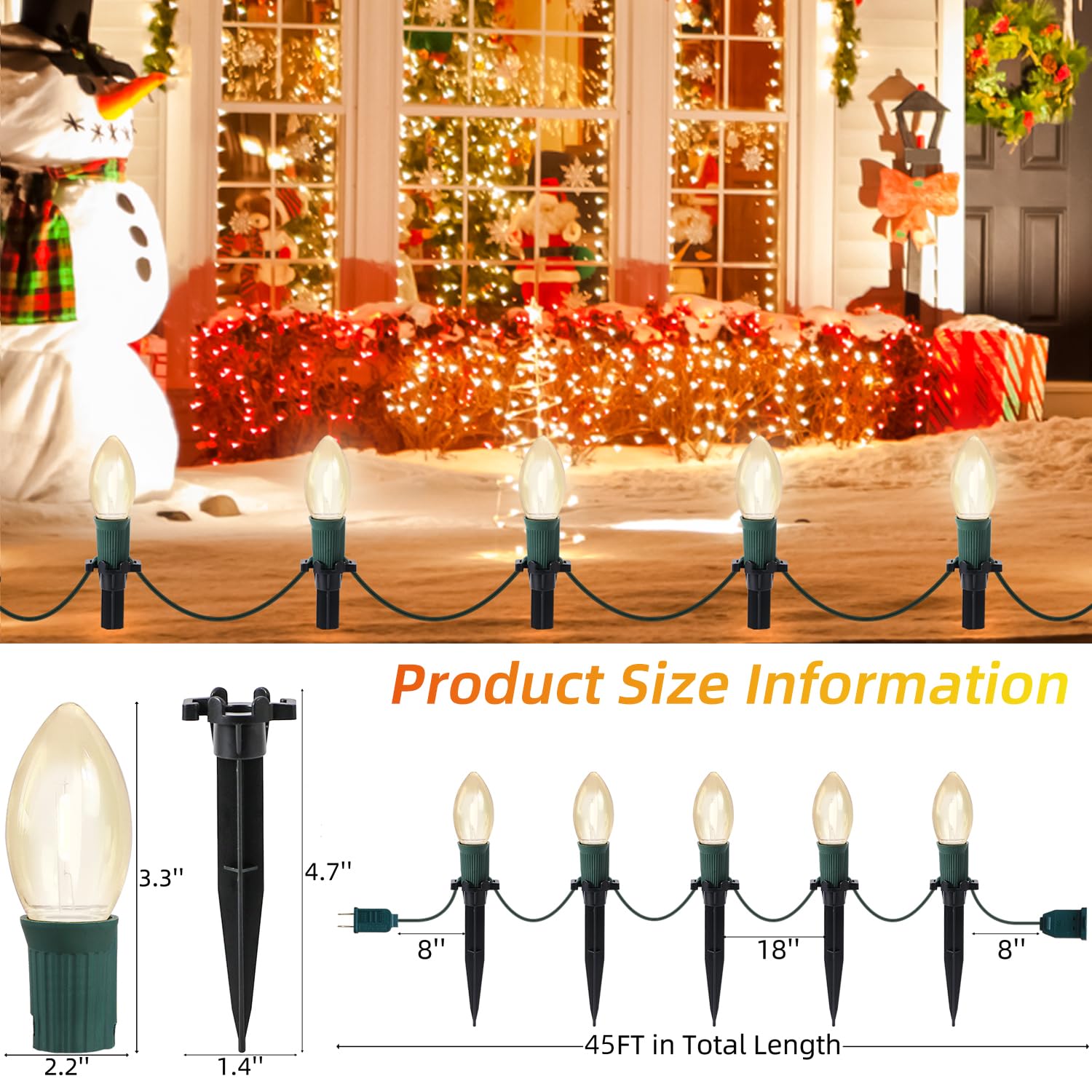 USOKYO C9 LED Christmas Pathway Lights, 45Ft, 30 Warm White Waterproof Bulbs, Connectable for Driveway, Yard, Lawn Decorations