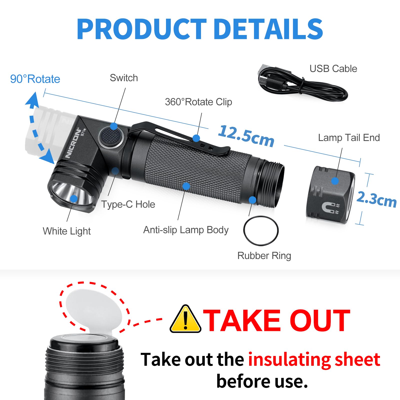 COSMOING 1300 Lumens Rechargeable Magnetic Flashlight, 6 Modes, IP65 Waterproof, Aluminum, Black, Model B71E