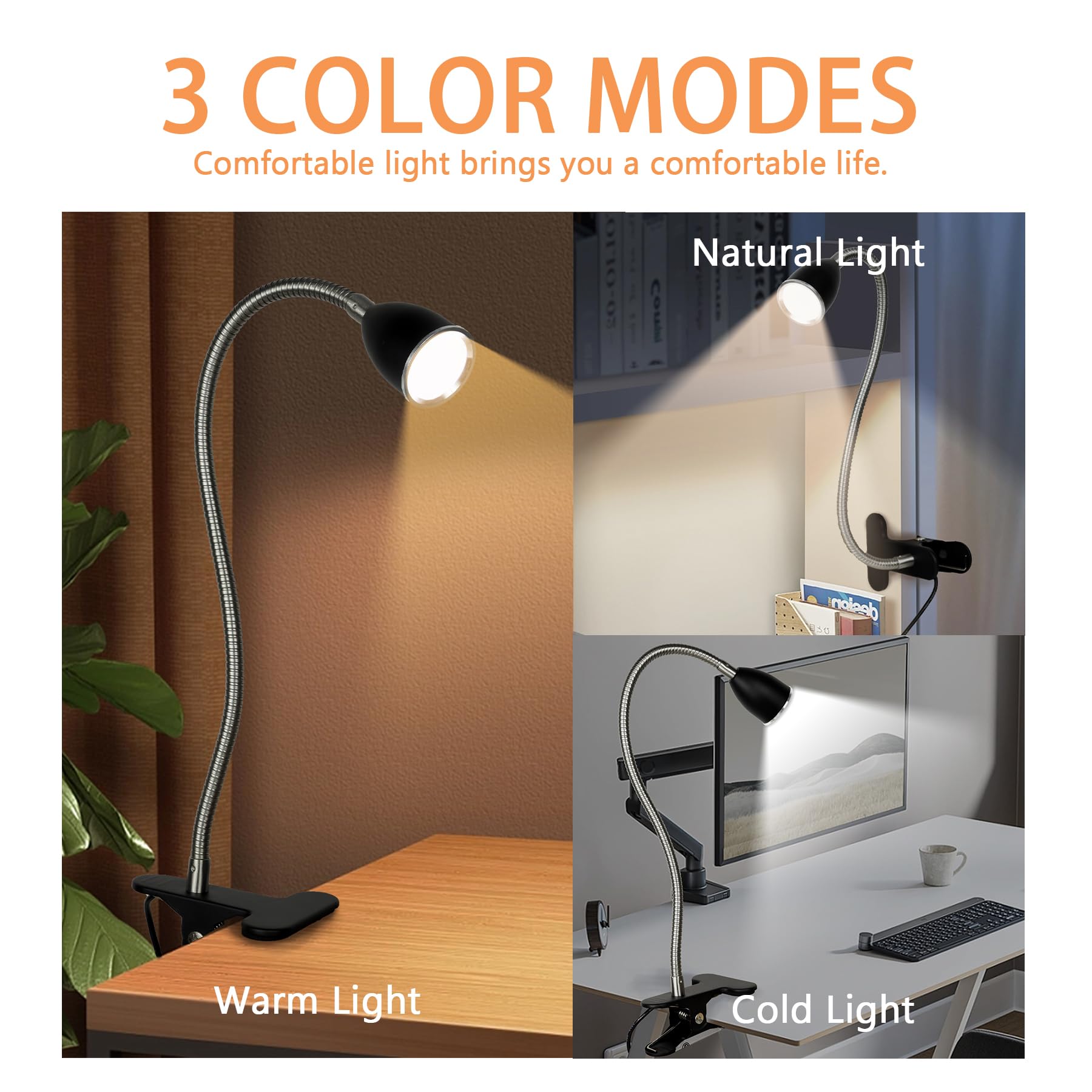 LALISU Desk Lamp Eye-Caring Gooseneck Clip Light, 360° Rotation, Metal, Black with Dimmer, Model LALISULALITB004