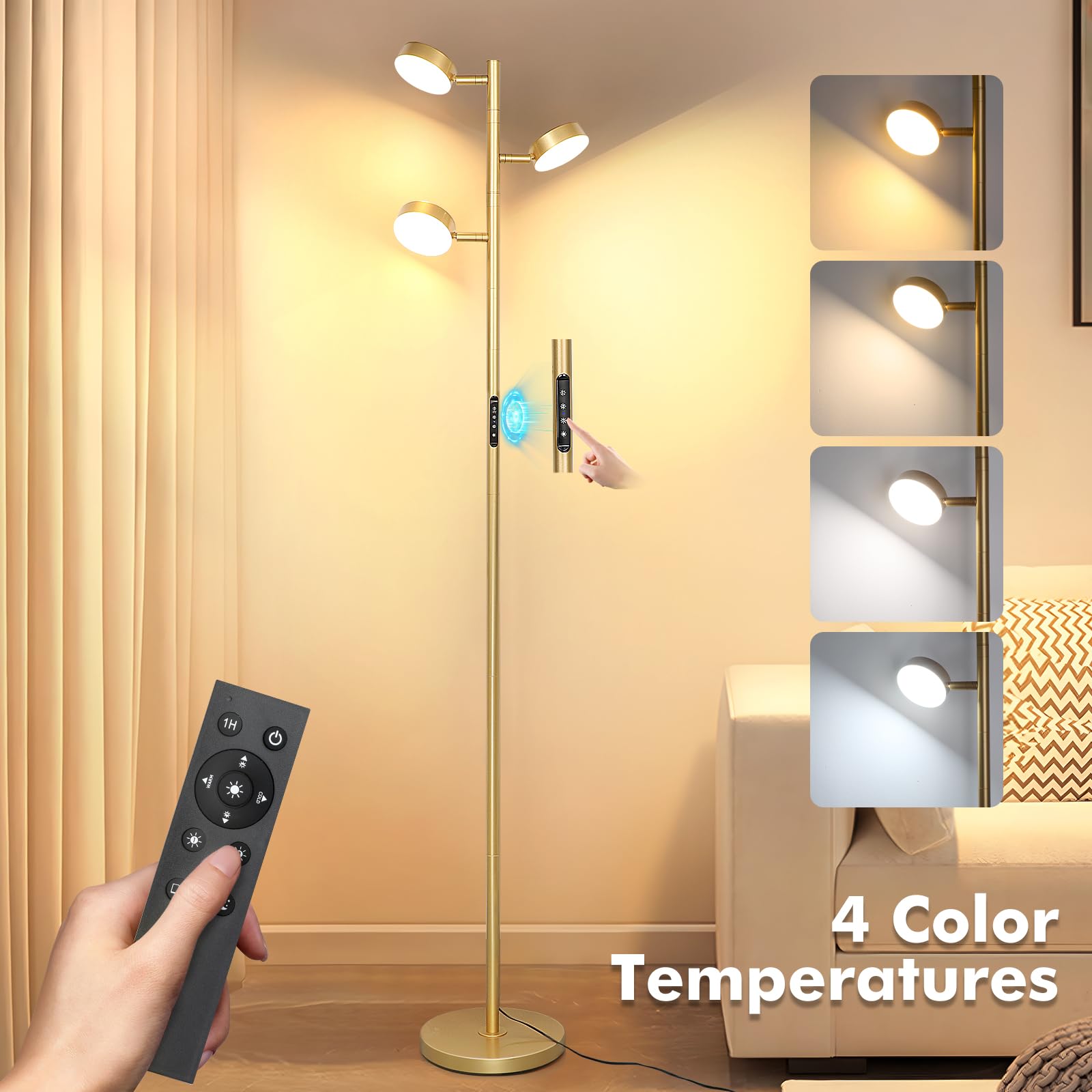 Junnai Gold Floor Lamp For Living Room, Modern Standing Lamp With Remote & Touch Control, 4 Color Temperatures, Dimmable Led Tree Floor Lamps With 3 Adjustable Lights For Reading Bedroom Office