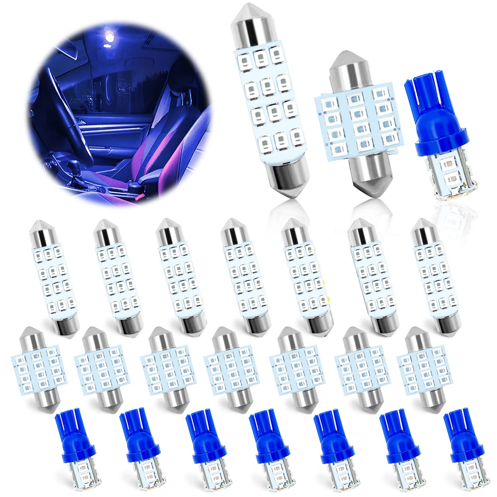 NTNEV 24PCS LED Interior Car Bulb Kit, T10 31mm 42mm, Blue Aluminum Dome & Map Light Replacement