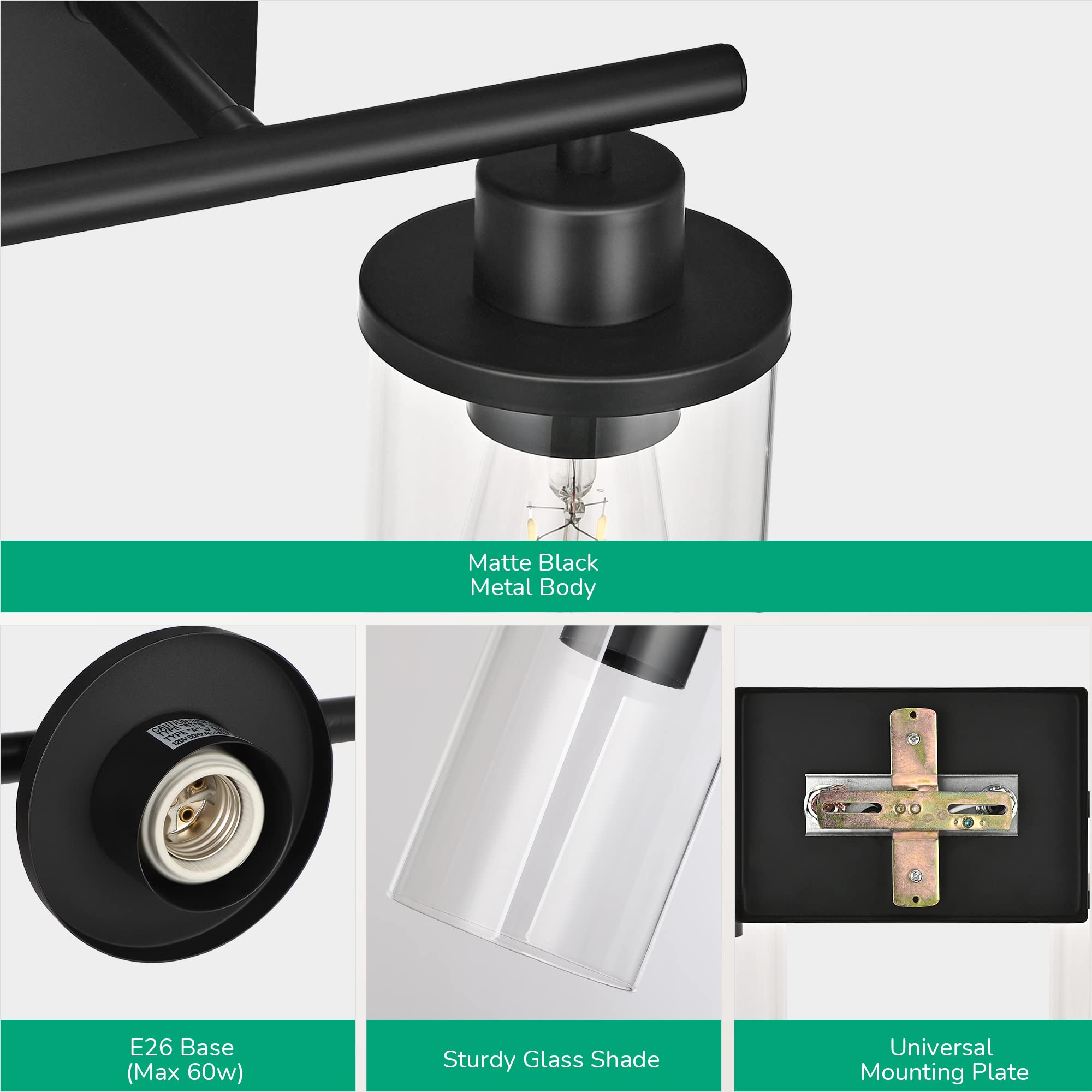 EDISHINE 2 Light Bathroom Vanity Light, Matte Black with Clear Glass Shades, ETL Listed