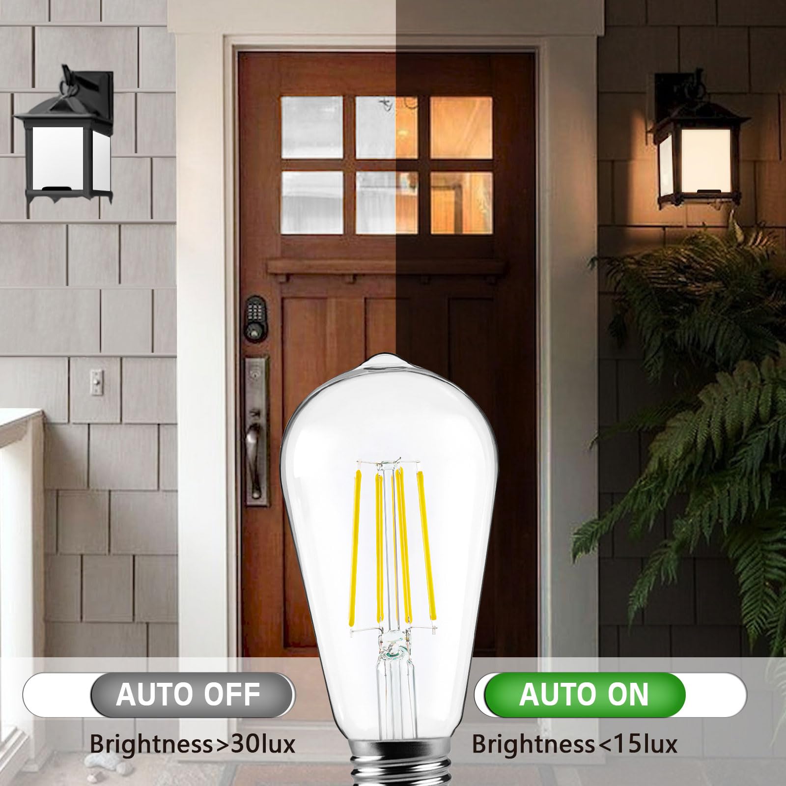 FAGUANGAO ST64 LED Dusk to Dawn Light Bulbs, 6W, 2700K Warm White, 650 Lumens, Glass, 4 Pack