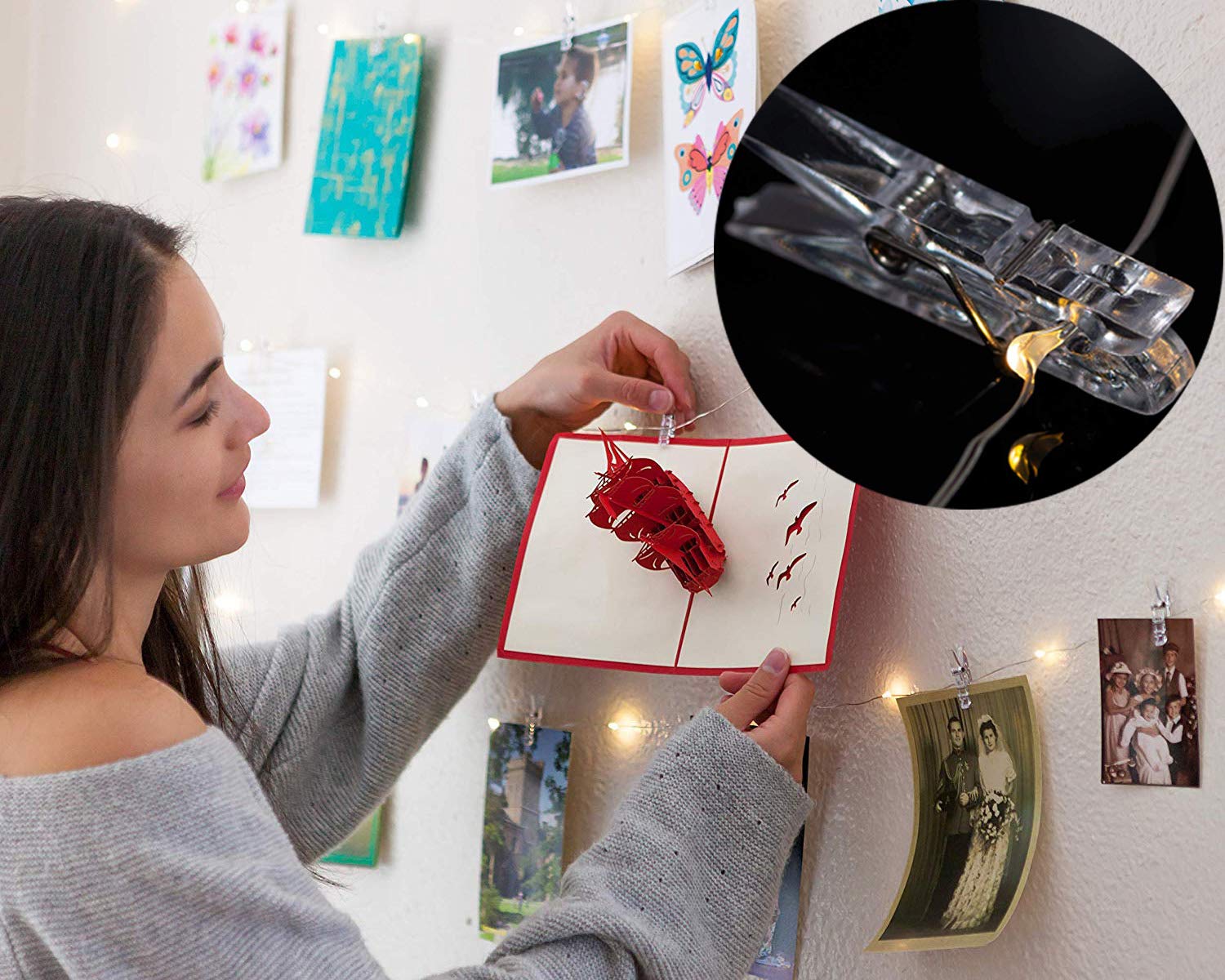 LECLSTAR 50 LED Photo Clips String Lights, 17ft Fairy Lights with Remote, 8 Modes, Plastic, Perfect for Photos and Cards