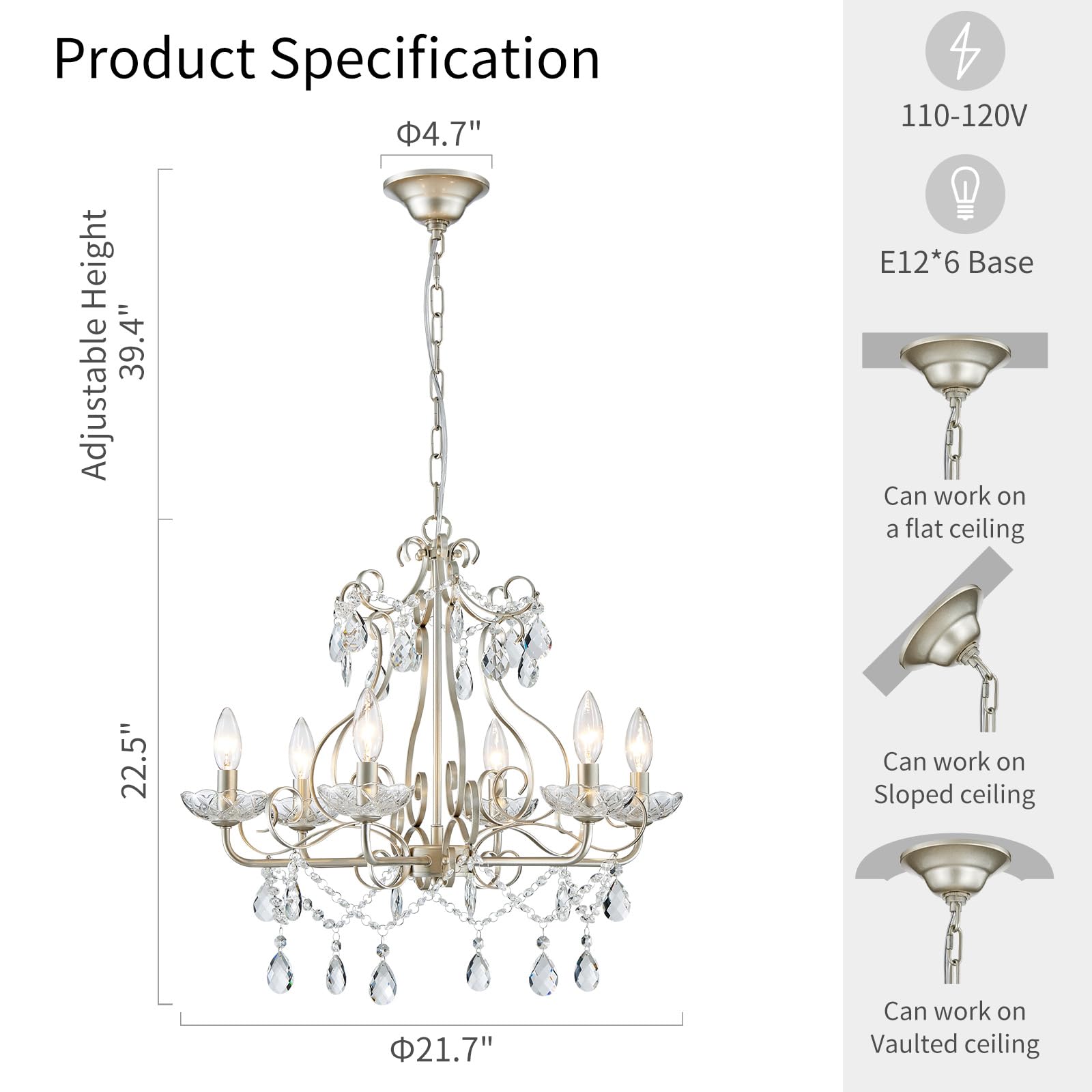 WUZUPS Crystal Candle Chandelier, Modern Nickel Flushmount Light, 22.5" x 21.7", E12 Base, 6 Lights for Bedroom, Hallway, Kitchen, Bathroom