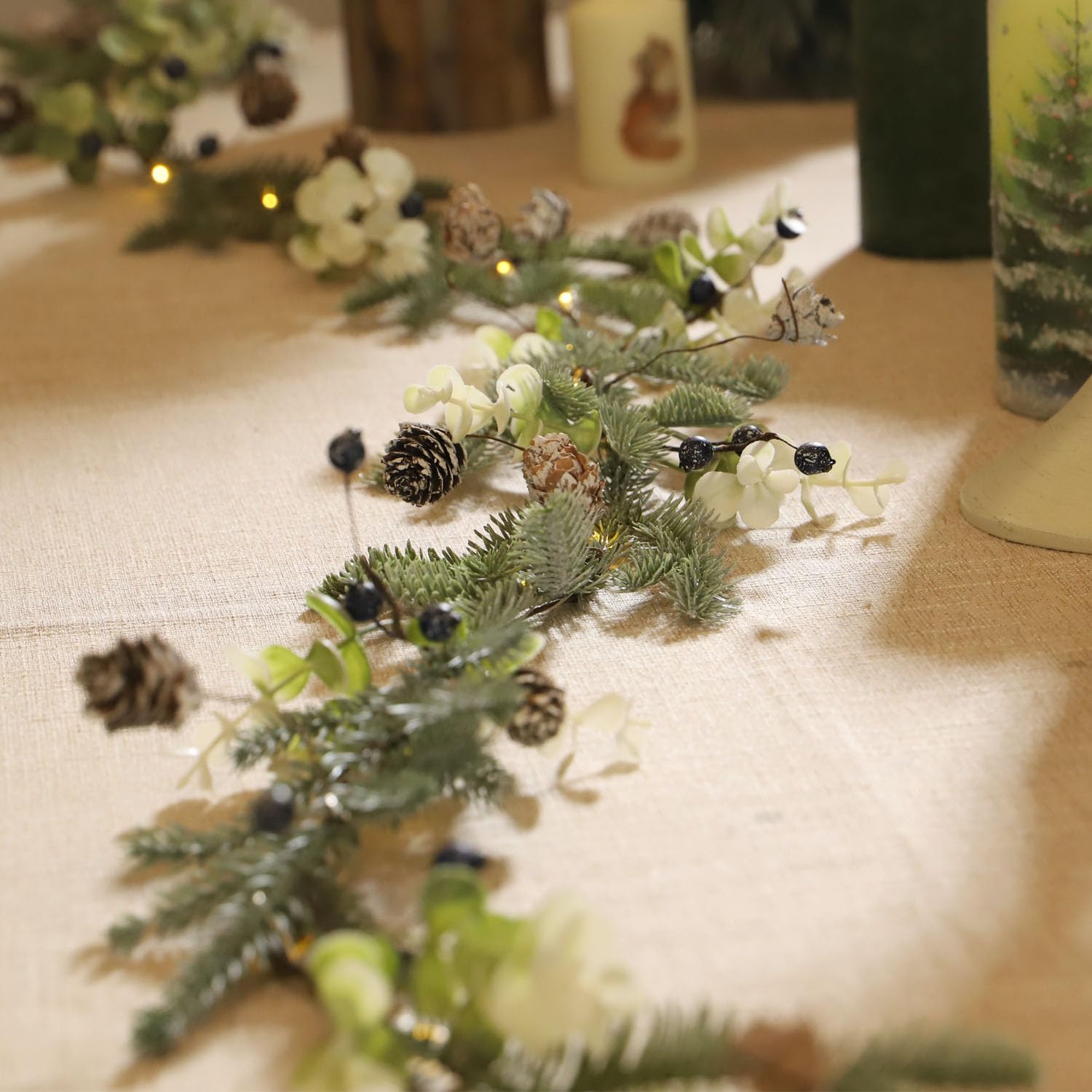 MIYA LIFE Mixed Berry Christmas Garland with Lights - 6.5FT Norfolk Pine Branch with Blueberry, White Flowers & Warm White LED L