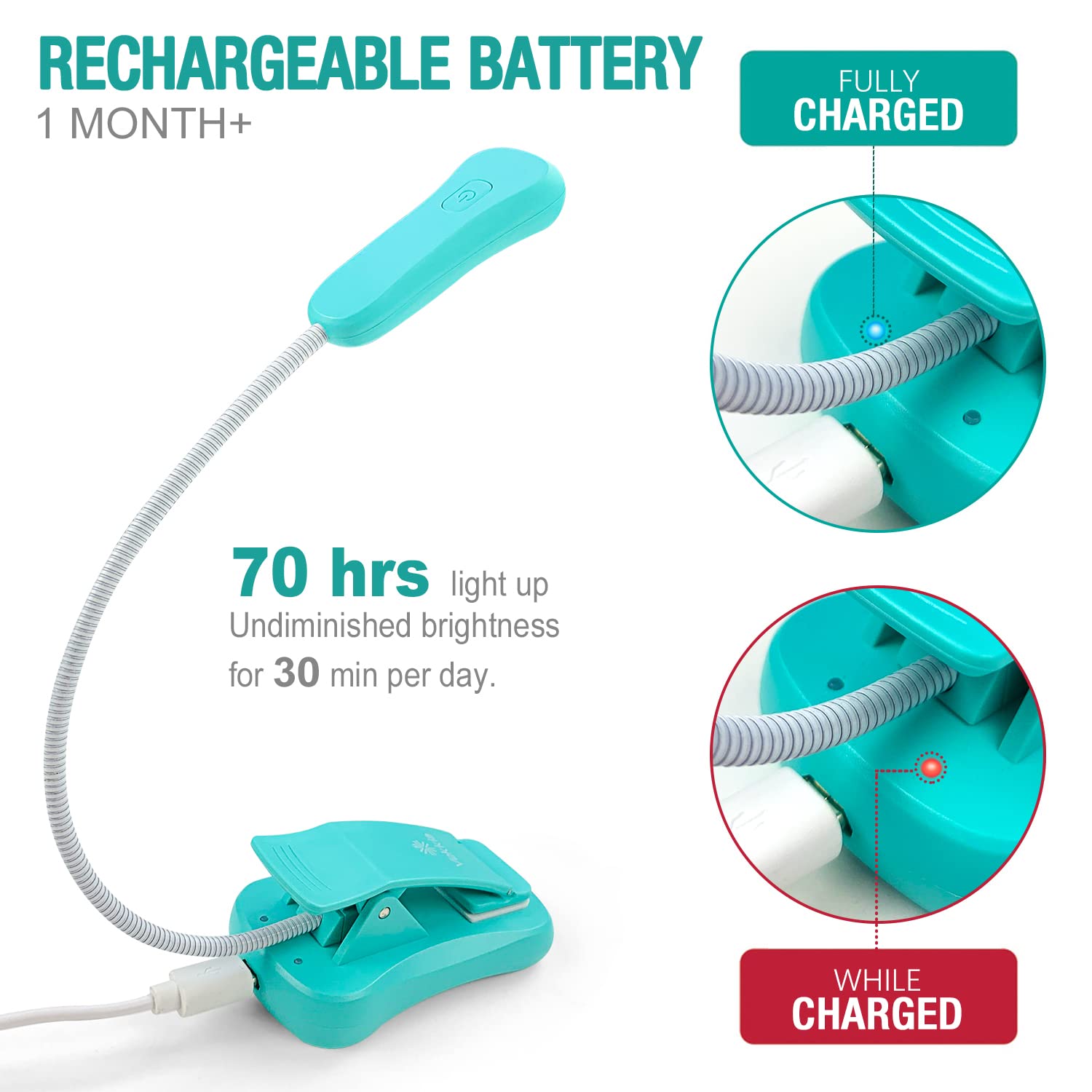 Vekkia Rechargeable Book Light, 3 Colors & Brightness, 4"x3.5"x1.8", Plastic, Blue, Model BK-03-BU, Up to 70