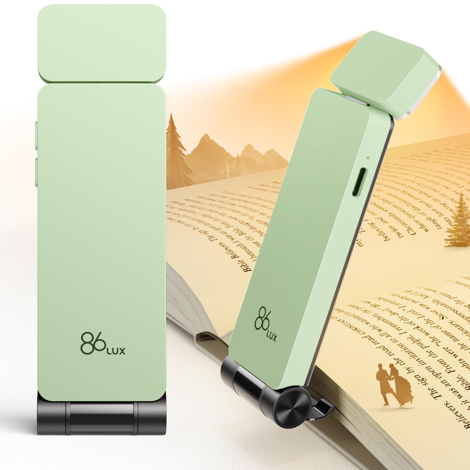86lux Book Light, Rechargeable Reading Lights for Books in Bed, Ultralight Clip-on LED Bookmark Lamp with 3 Amber Colors & Stepless Dimming for Night Reading for Book Lovers, Kids, Mint Green