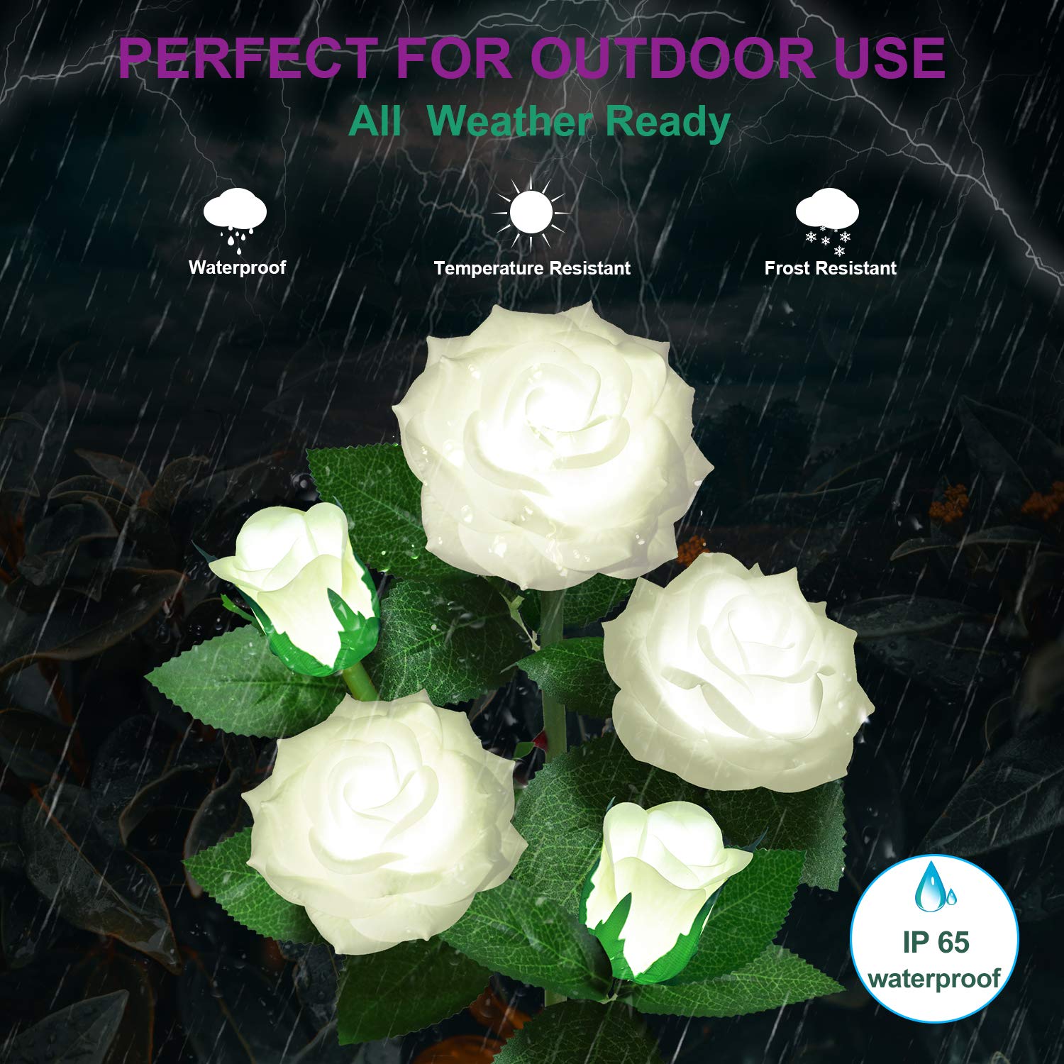 YWYWLED Solar Flower Lights - LED Waterproof Stake Lights, 1 Pack, White, Model 2023-5-12, Two Modes, Realistic Roses for Garden