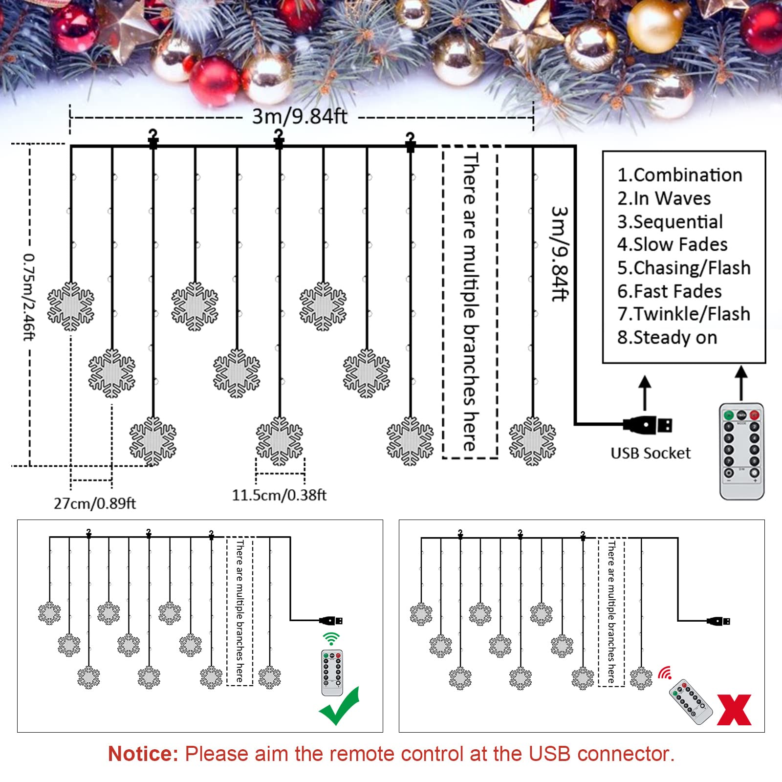 Bloomwin Christmas Fairy Curtain Lights 9.8Ft Snowflake Lights Usb Christmas Indoor Decorations 204Leds Twinkle Lights With Remote For Bedroom Xmas - Colorful
