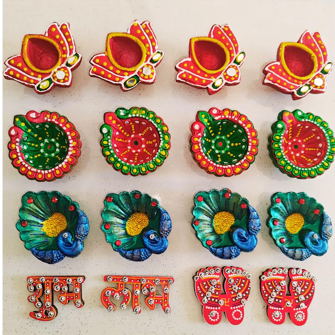 12 Pc Diwali Diyas | 1 Set Shubh Labh, 1 Set Laxmi Charan | 1 Pc Happy Diwali Wall Hanging | Diwali Decorations for Home, Diwali
