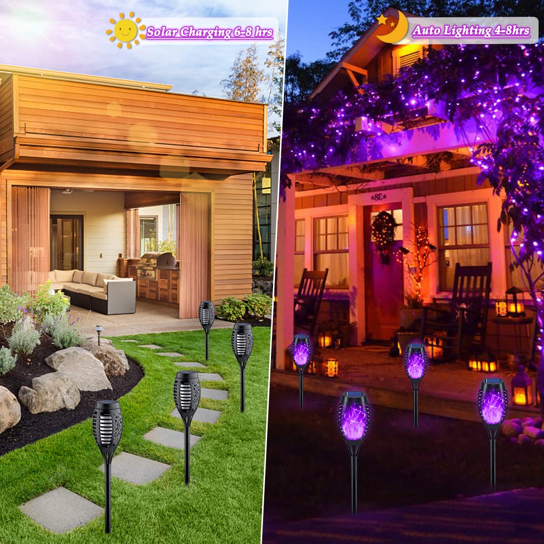 KYEKIO Solar Torch Lights, 12Pack Purple Flickering Flame Outdoor Decorations, Waterproof Garden Lighting