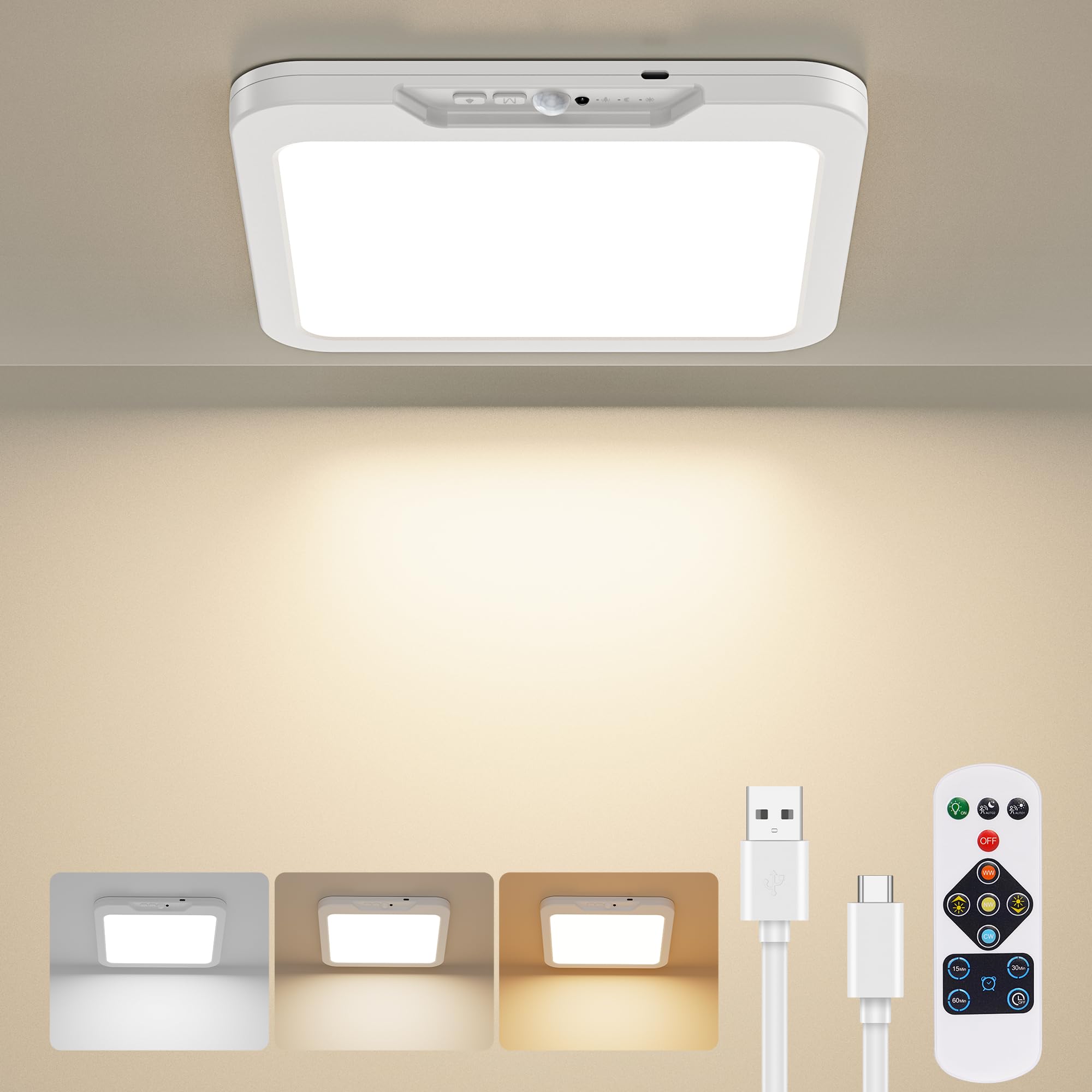 Fussion Rechargeable Ceiling Light With Remote  Battery Operated Closet Lights Motion Sensored  3 Color Temperatures Magnetic Mount Led Shower Lighting For Indoor Pantry Hallway Garage