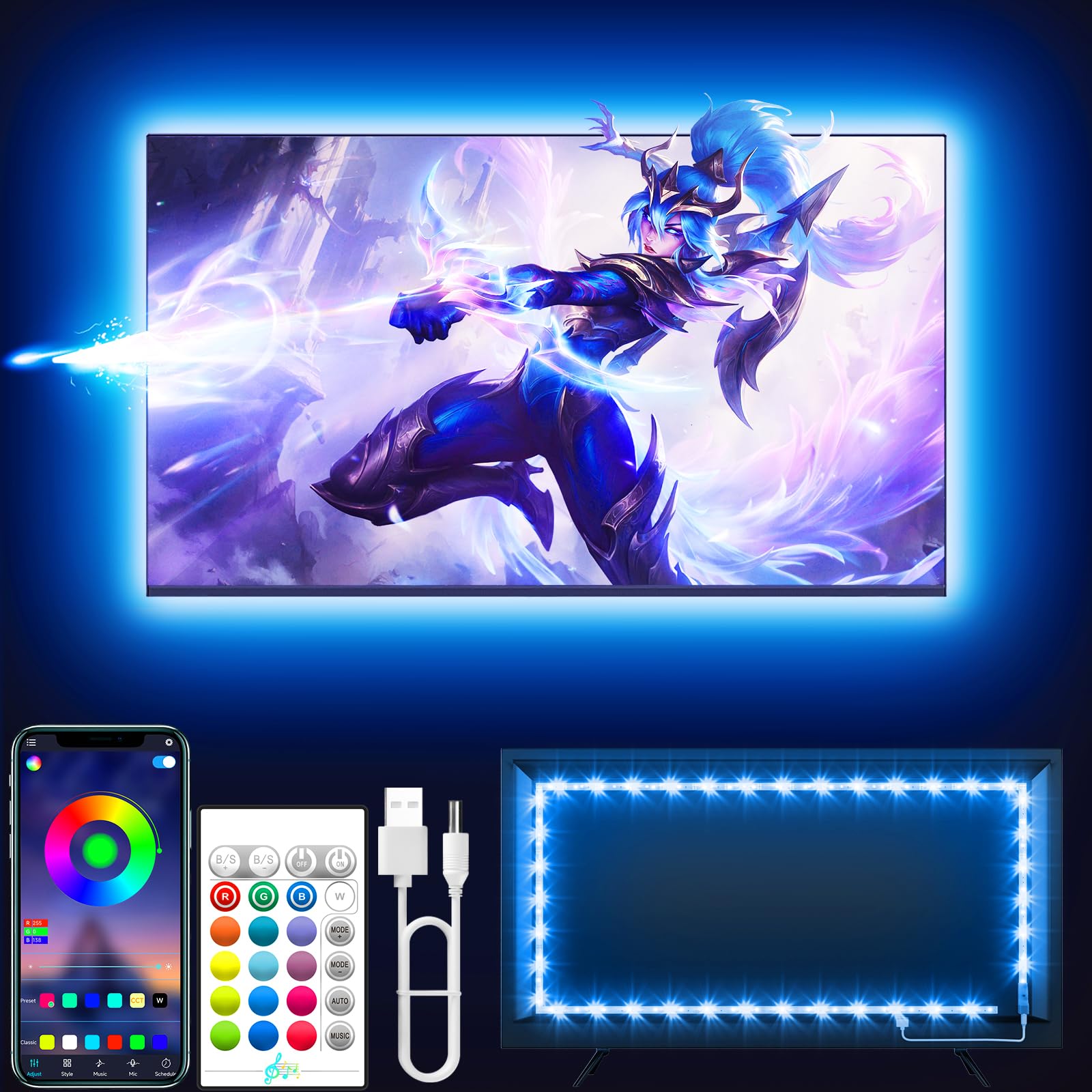 LED Lights for TV, 9.8ft TV LED Backlight for 35-55 Inch, RGB Color Changing Strip Lights Behind TV, Music Sync Bluetooth APP an