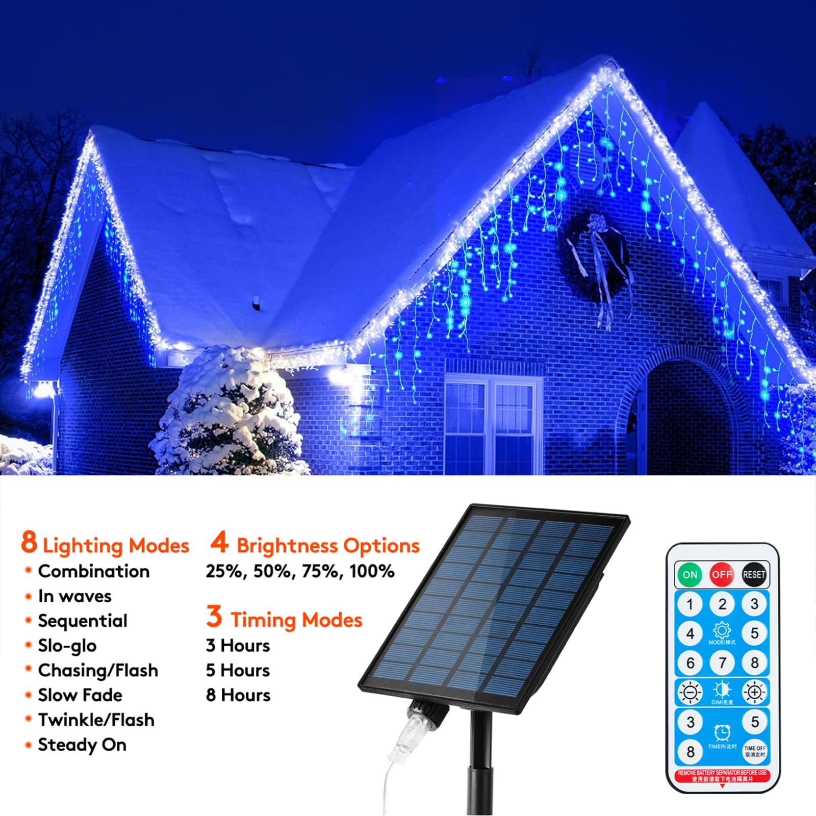 KiflyTooin Solar Christmas Lights Outdoor 320LED 29.5ft Waterproof Curtain Lights Blue GP-SW290DC0209