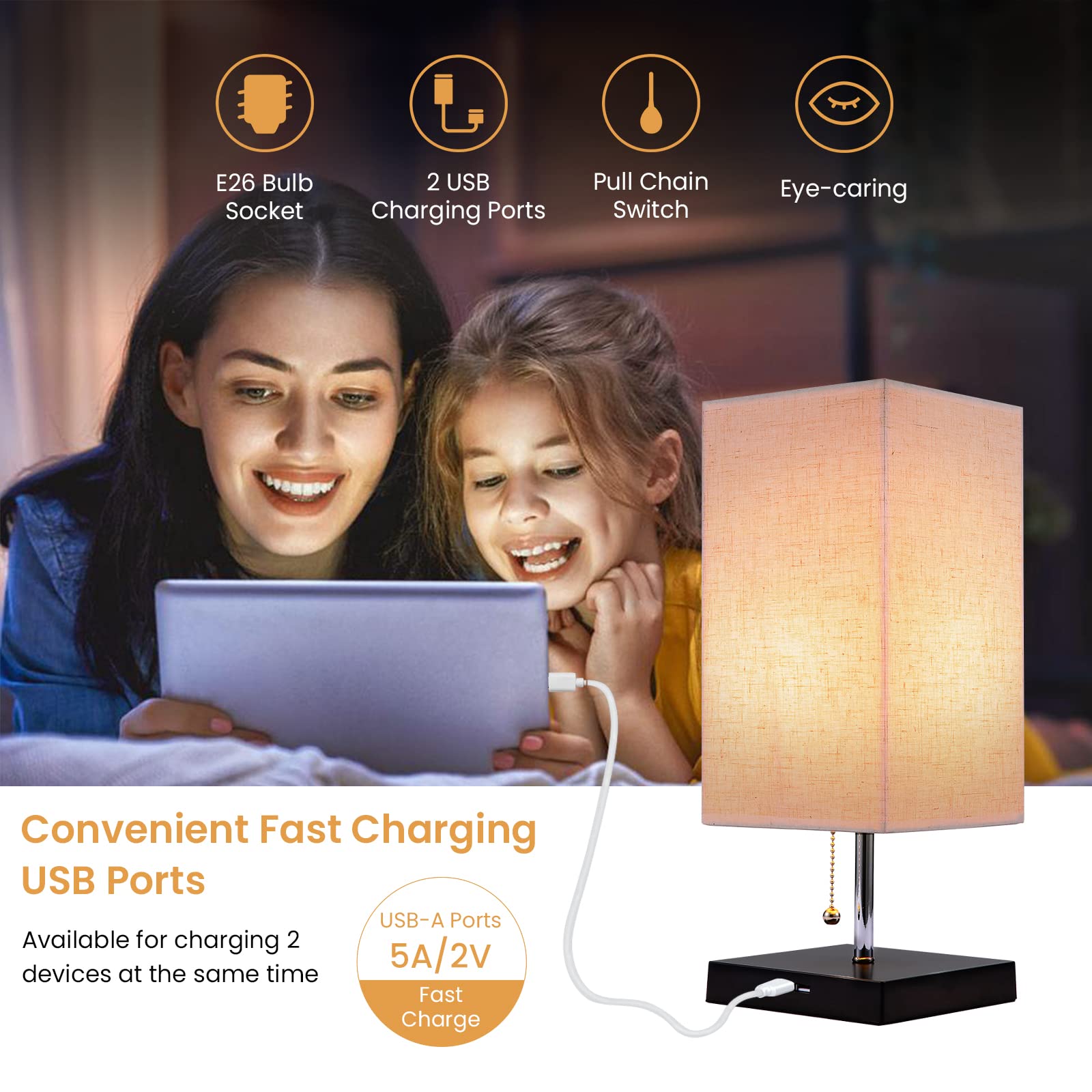 Siljoy Modern Table Lamp with Beige Fabric Lampshade, Pull Chain Switch, 2 USB Ports, Black Wooden Base, L-Square
