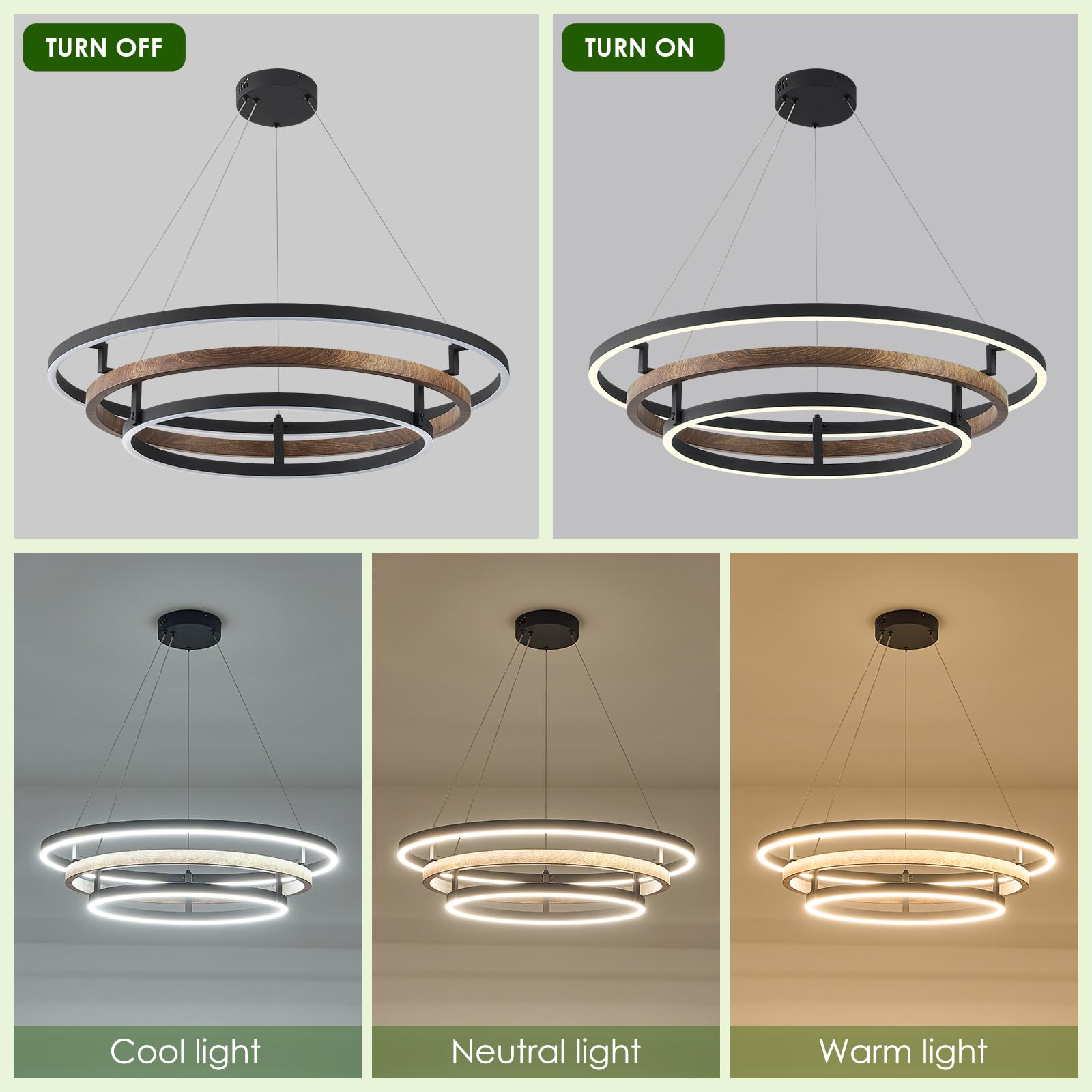 Benkut 3 Rings Modern Led Chandelier Black Dimmable Circular Pendant Light For Dining Room  Foyer Chandelier With Remote Control Flush Mount High Ceiling Light For Kitchen Living Room  D30.7In