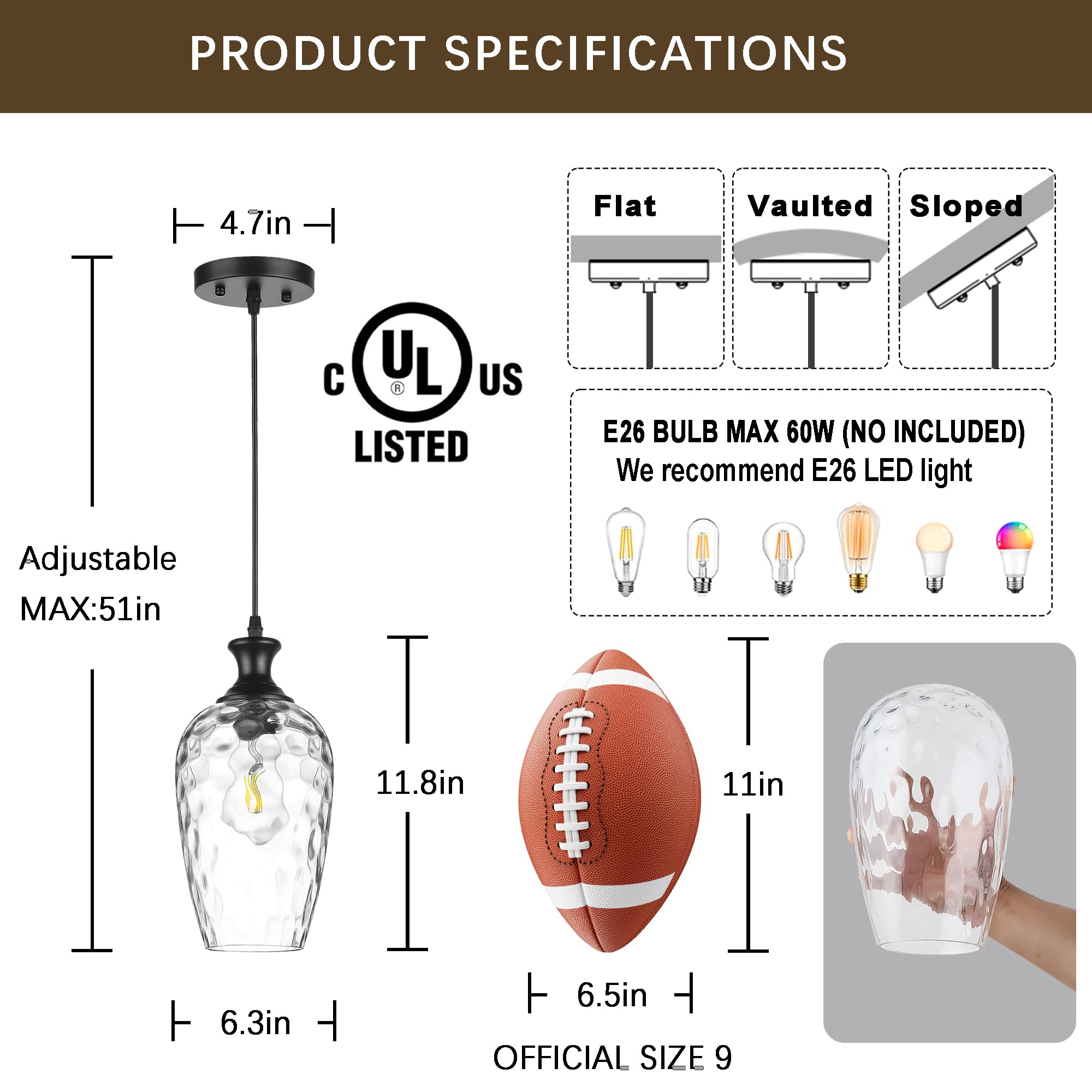 Saduenfr Glass Pendant Lights Kitchen Island, 1-Light Black Pendant Light Fixtures With Hand-Blown Clear Glass, Farmhouse Hangin