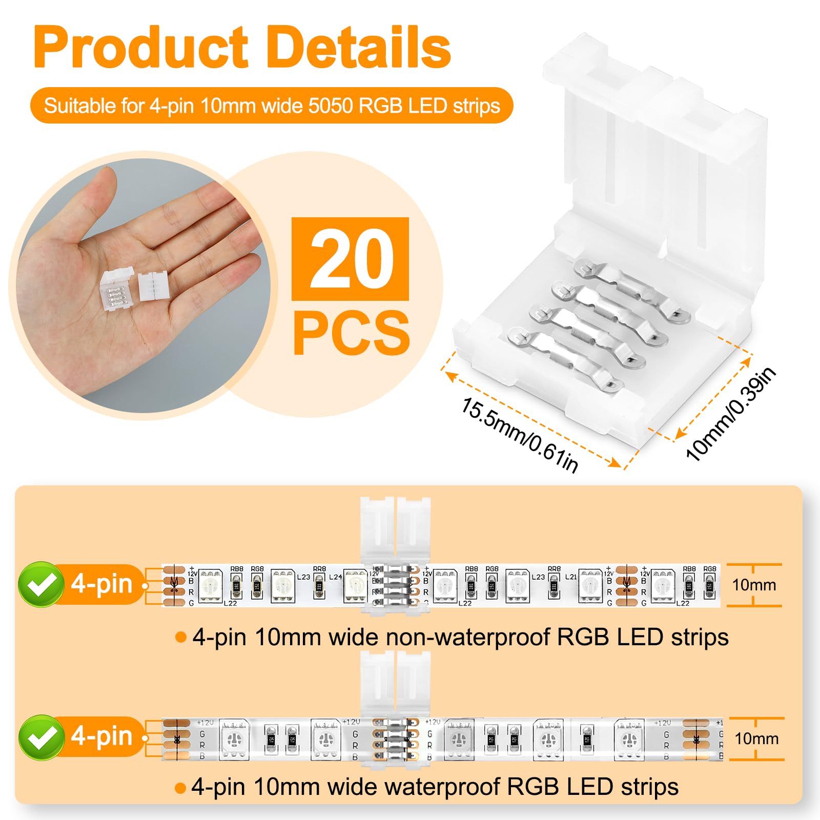 Pmxary 20Pcs 4 Pin Led Strip Connectors For 10Mm Wide Rgb Led Strip Lights, Solderless Unwired Led Light Connectors, Easily Exte