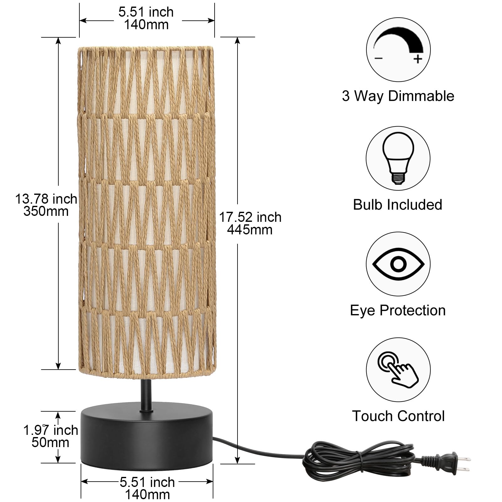 Rattan Table Lamp, Touch Control Bedside Table Lamp With Black Base, 3 Way Dimmable Nightstand Lamp With Dual-Layer Shade, Boho