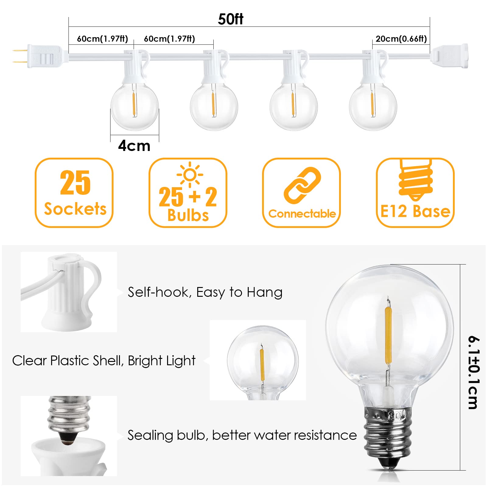 Mlambert 50Ft Outdoor String Lights, G40 Globe Patio Lights With 25+2 Waterproof Shatterproof Led Bulbs For Balcony Porch Bistro
