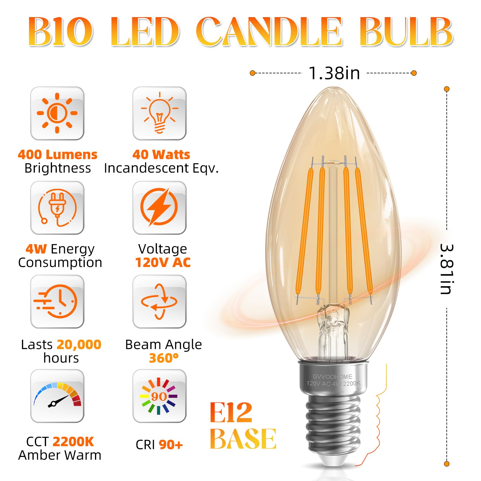 Gvvoohome Candelabra Light Bulbs 40 Watt, E12 Led Bulb Non-Dimmable B10 Led Candle Bulb, 2200K Amber Warm, Chandelier Light Bulb