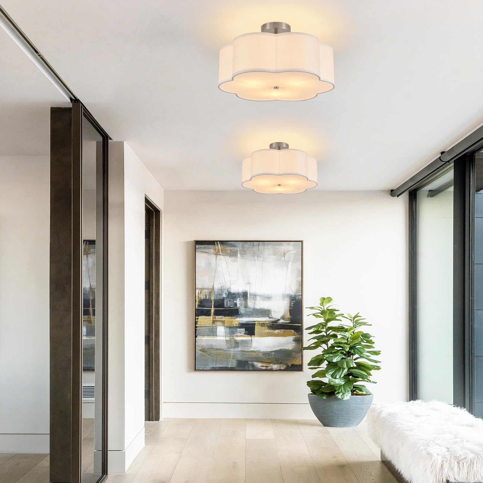 Widluth 18 Modern Semi Flush Mount Ceiling Light Modern 3-Lights Linen Drum Ceiling Lighting With Chrome Finish  Vintage Ceiling Light For Living Room  Kitchen  Basement  Laundry Room  Bedroom