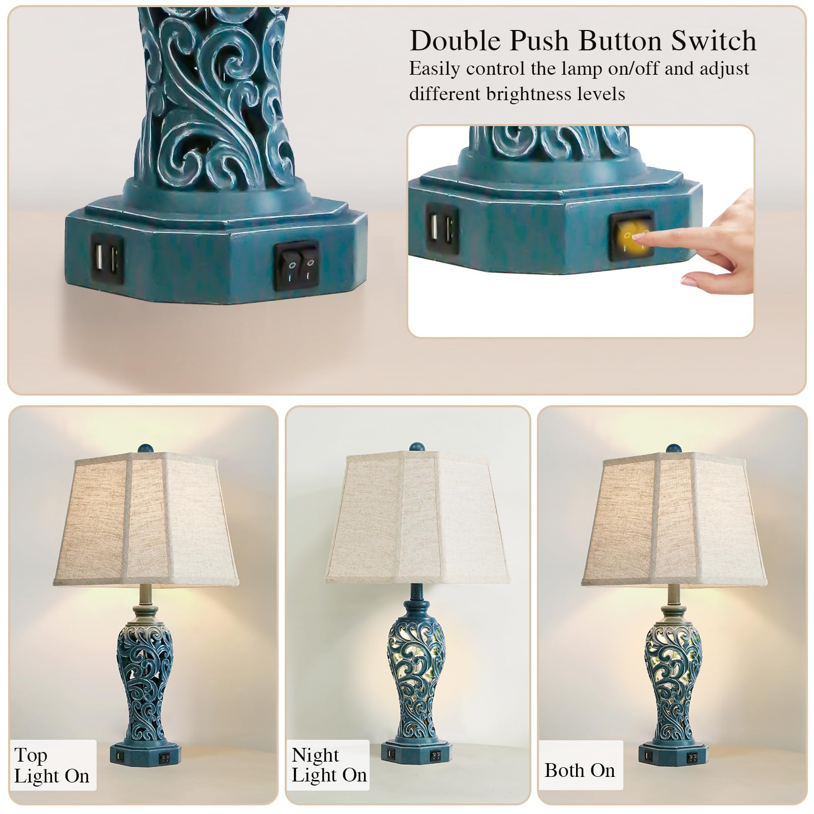 25'' Farmhouse Table Lamps Set Of 2 For Living Room Bedroom, 2 Usb Ports Coastal Vintage Table Lamp With Nightlight, Navy Blue H