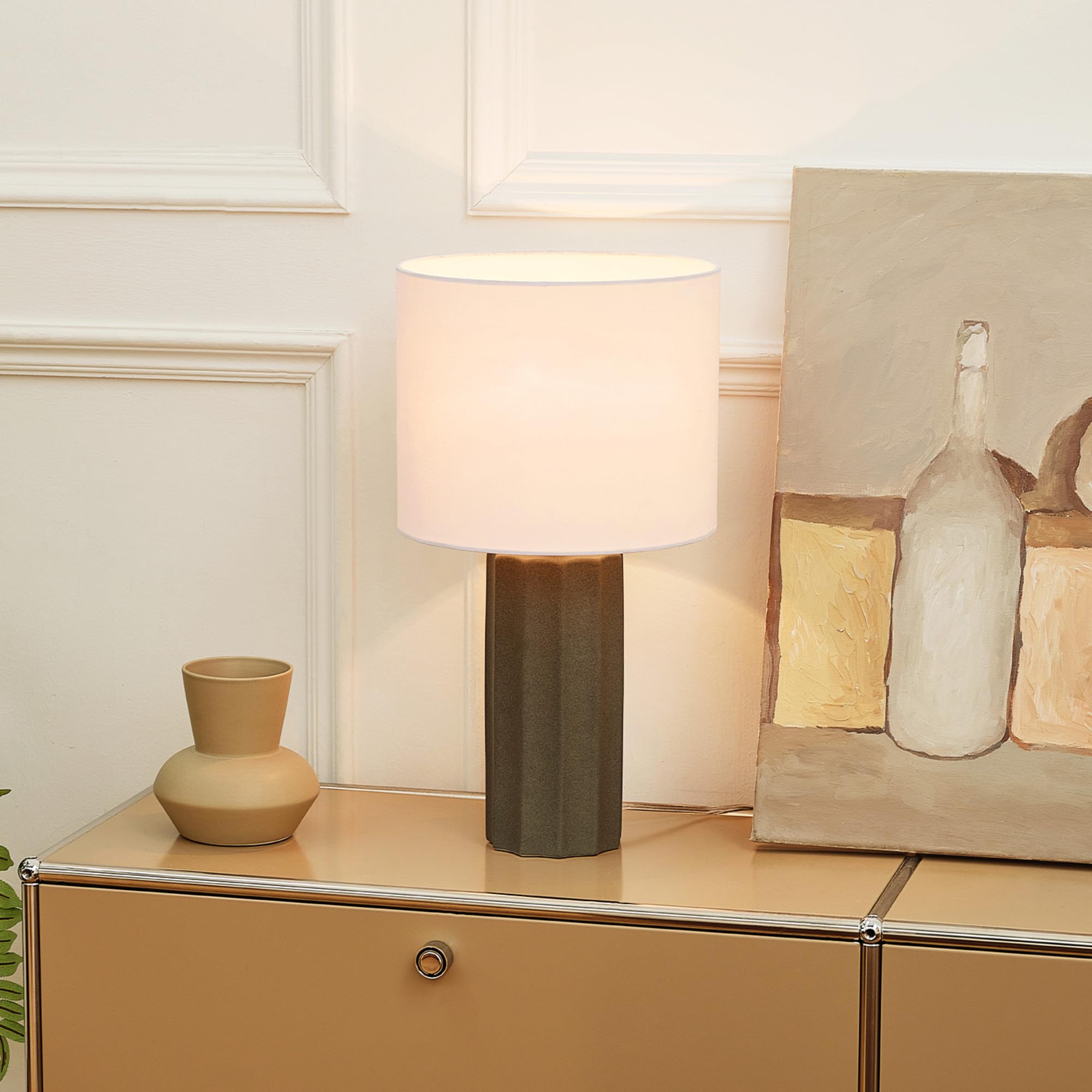 Globe Electric 61000061 20'' Ribbed Ceramic Table Lamp, Dark Gray Concrete Finish, White Linen Shade, On/Off Rotary Switch On So