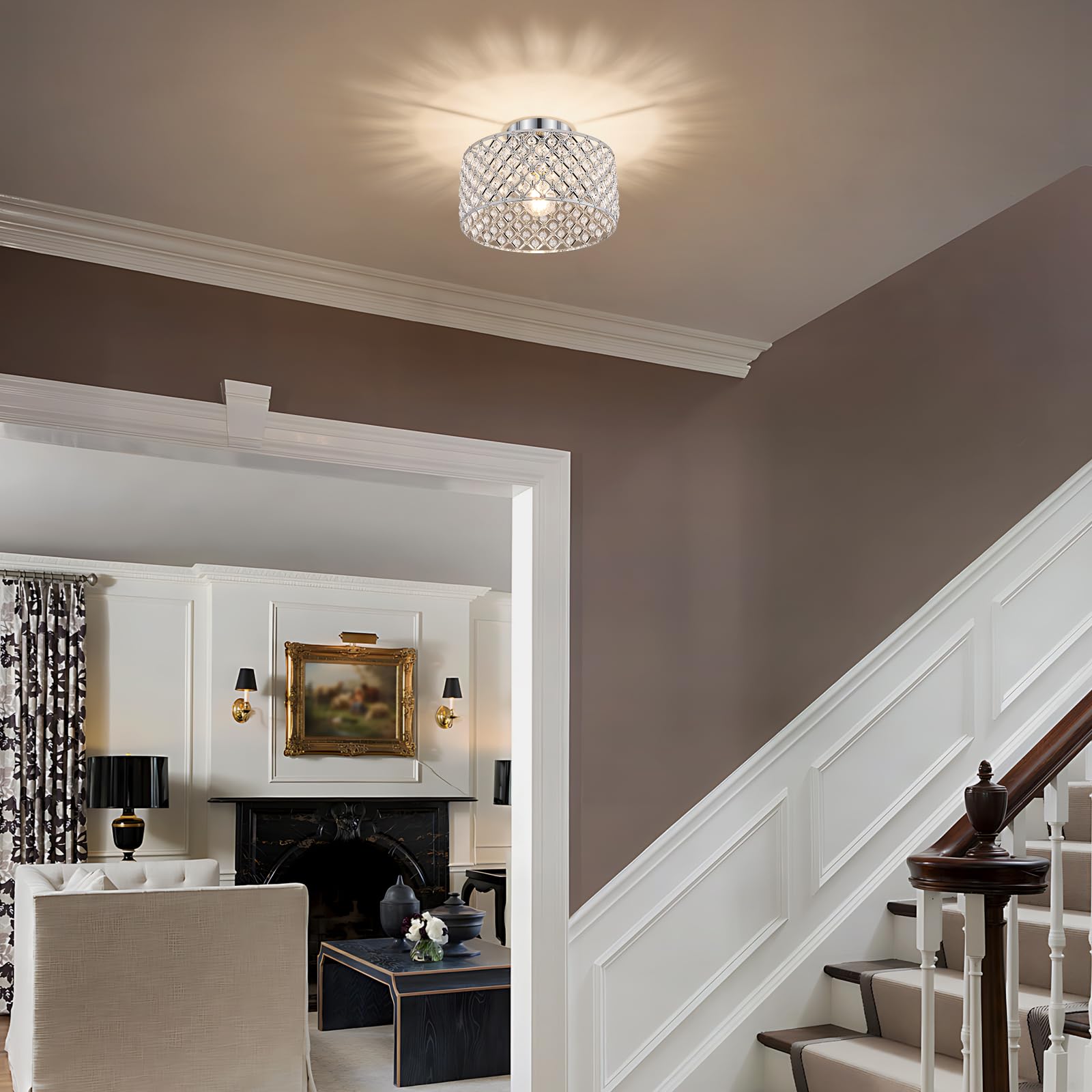 Bzvesr Chrome Crystal Ceiling Light Fixture Modern Semi Flush Mount Ceiling Lighting Fixture Round Small Chandelier For Dining Room  Hallway  Entryway  Kitchen  Bedroom Foyer 1 Light 11.2 Inch