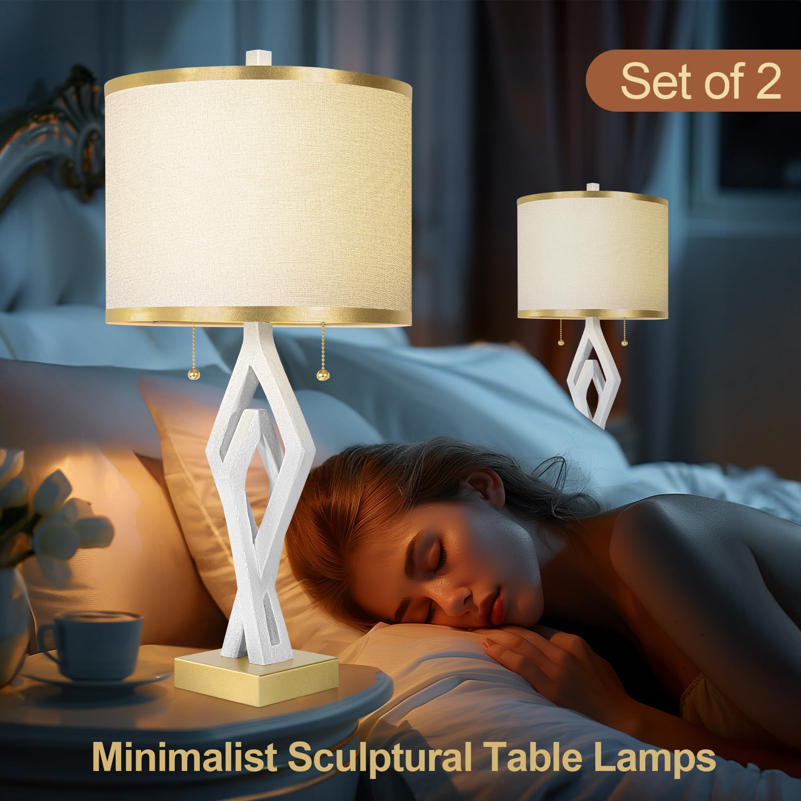 Sculptural Table Lamp Set Of 2 For Bedroom, 26    White Modern Bedside Lamps For Living Room, White Linen With Gold Trim Shade,