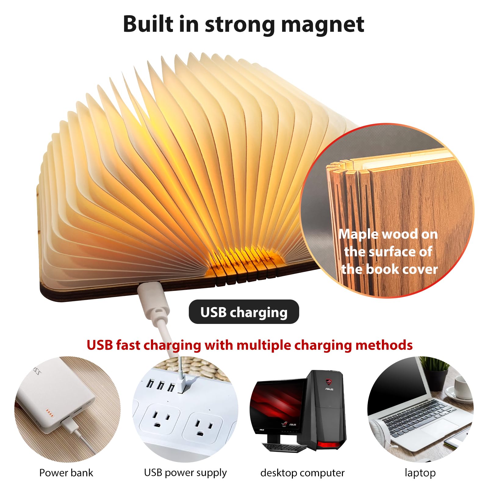 Dlufyei Folding Book Lamp, Wooden Book Light(3 Color,Portable Usb Rechargeable Night Light, Home Office Decoration Gift Led Book