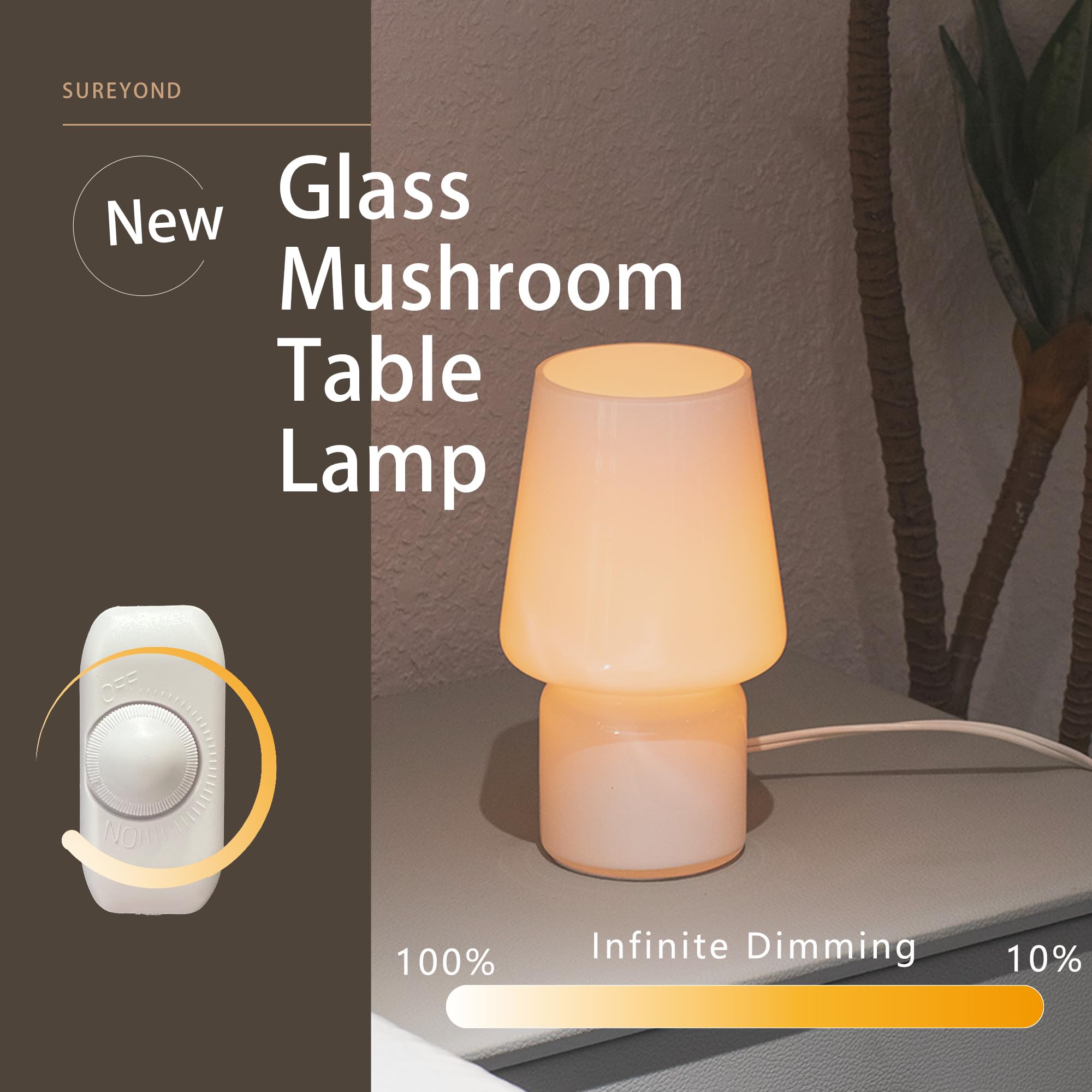 Sureyond Mushroom Lamp,Small Table Lamp,Mini Lamp Cute Lamp Nightstand Lamp Kitchen Lamp,Glass Mushroom Table Lamp,Suitable For Bedrooms, Kitchens, Living Rooms, Bedside, Girl Gifts(White)