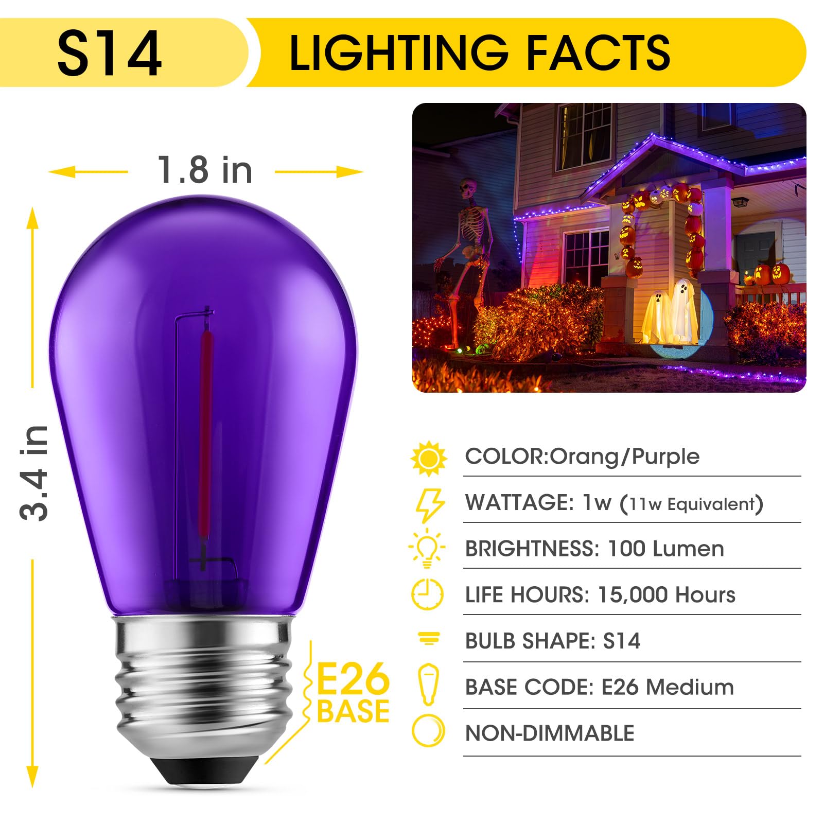 Meconard S14 Purple And Orange Led Light Bulbs, 24Pack 1W Plastic Shatterproof Waterproof Led Bulbs For Indoor Outdoor String Lights, E26 Base, Halloween Decoration, String Light Replacement Bulbs