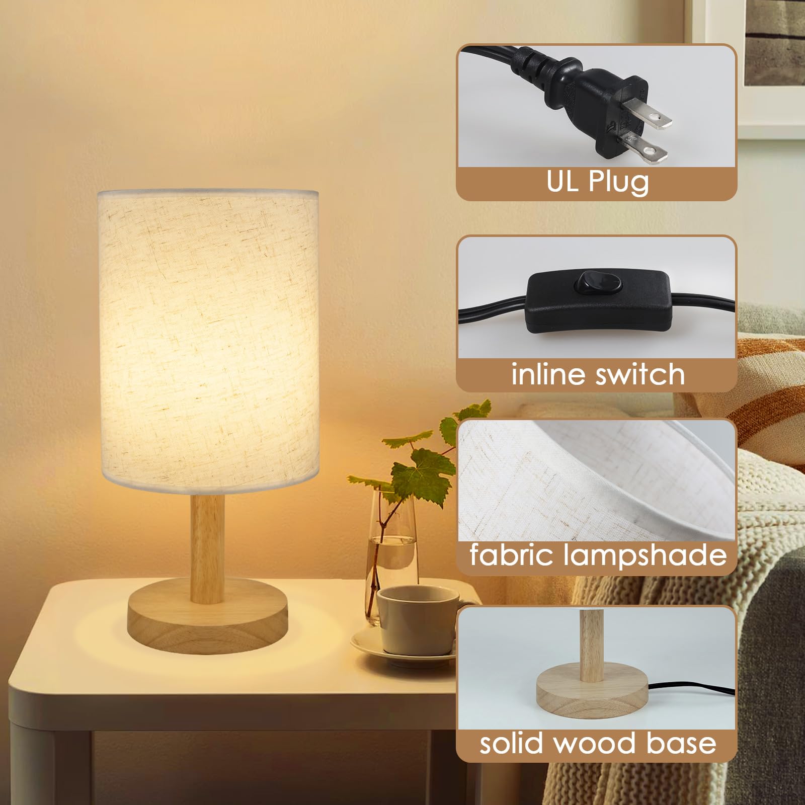 6.3In Bedside Table Lamp For Bedroom, Minimalist Nightstand Lamp With Round Fabric Linen Shade,Study Reading Desk Lamp For Kids Room, Night Table Lamp For Living Room, College Dorm, Home, Office