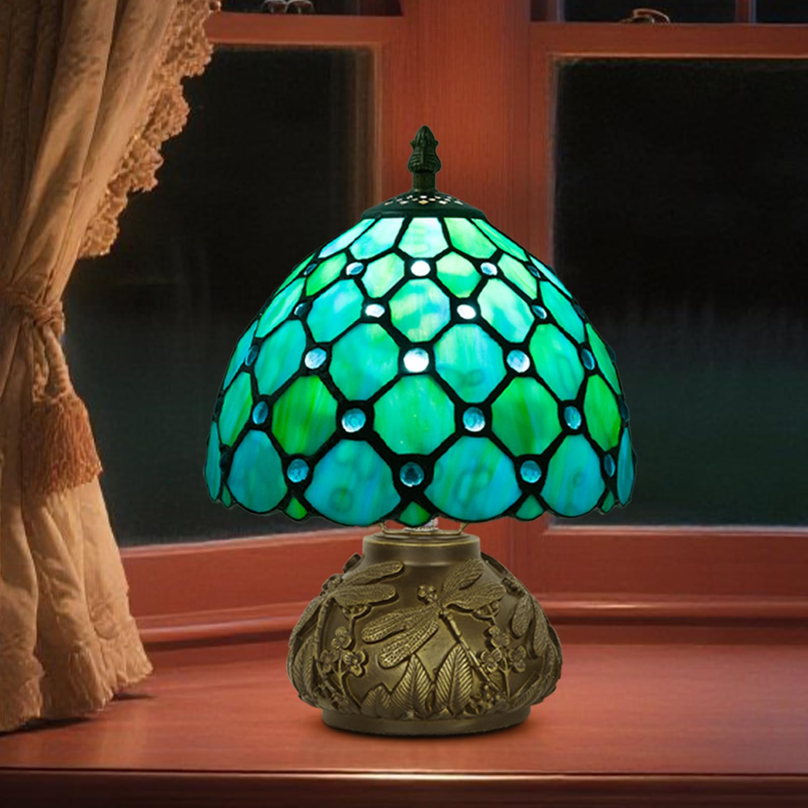 JHuiLap Small Tiffany Stained Glass Lamp, 3 Color Temperatures Bedside Lamp, 8 Inch Blue Pearl Beads Style Mushroom Desk Light f