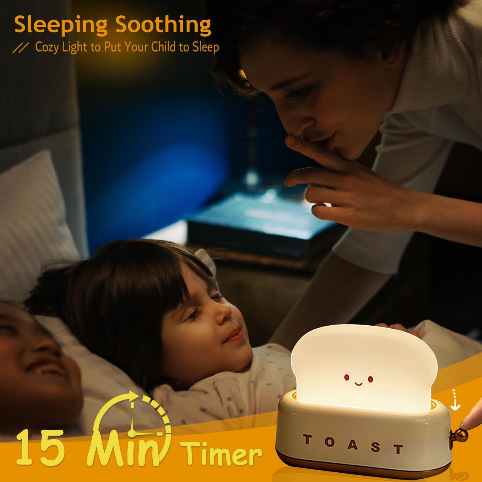 BANDIANCY Cute Kids Night Light, LED Dimmable Rechargeable Toast Design, Model BD-NL-16, Yellow Toast Color