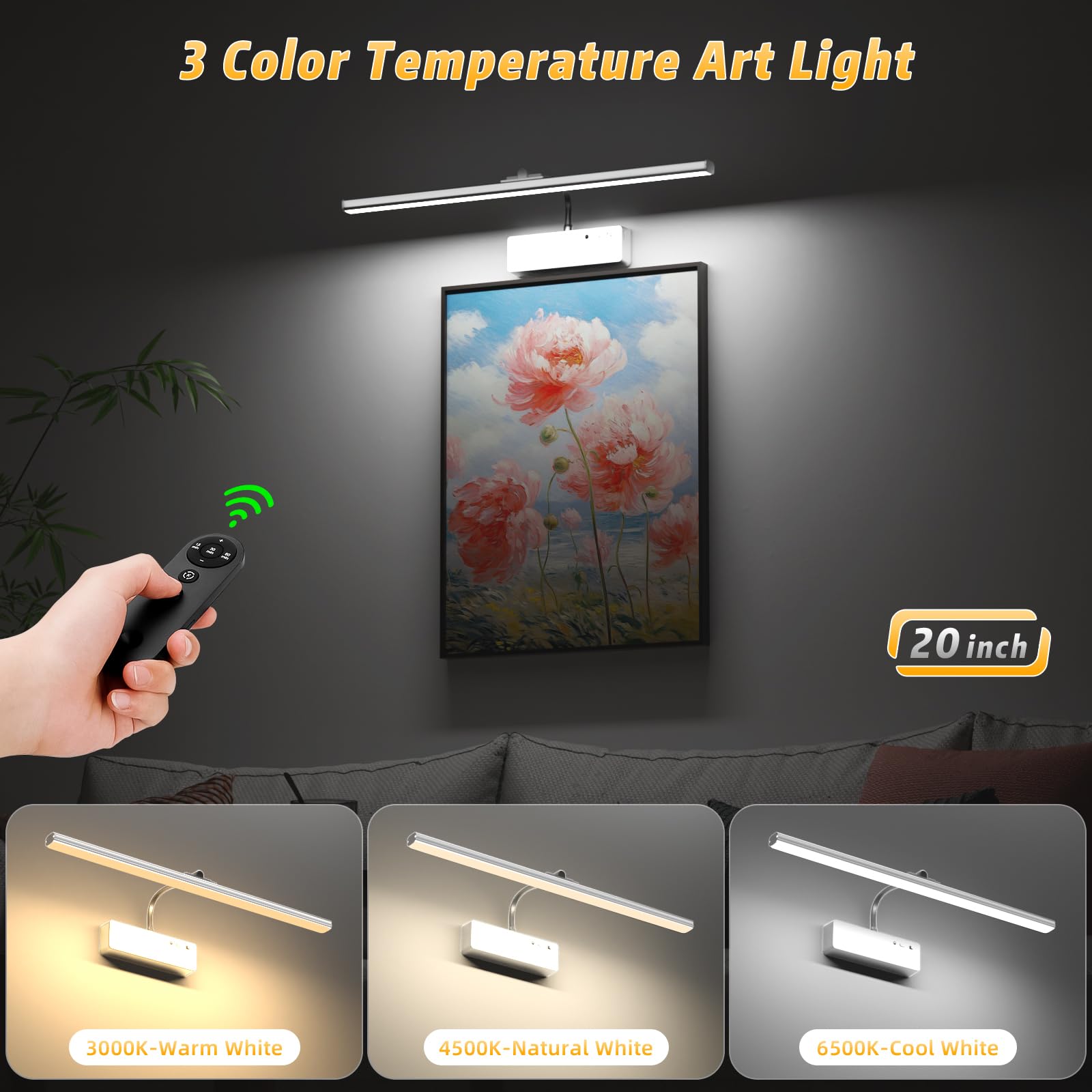 Lightbiz 20 Wireless Rechargeable Picture Light with Remote - Dimmable Metal Art Light in Silver for Paintings and Gallery Display