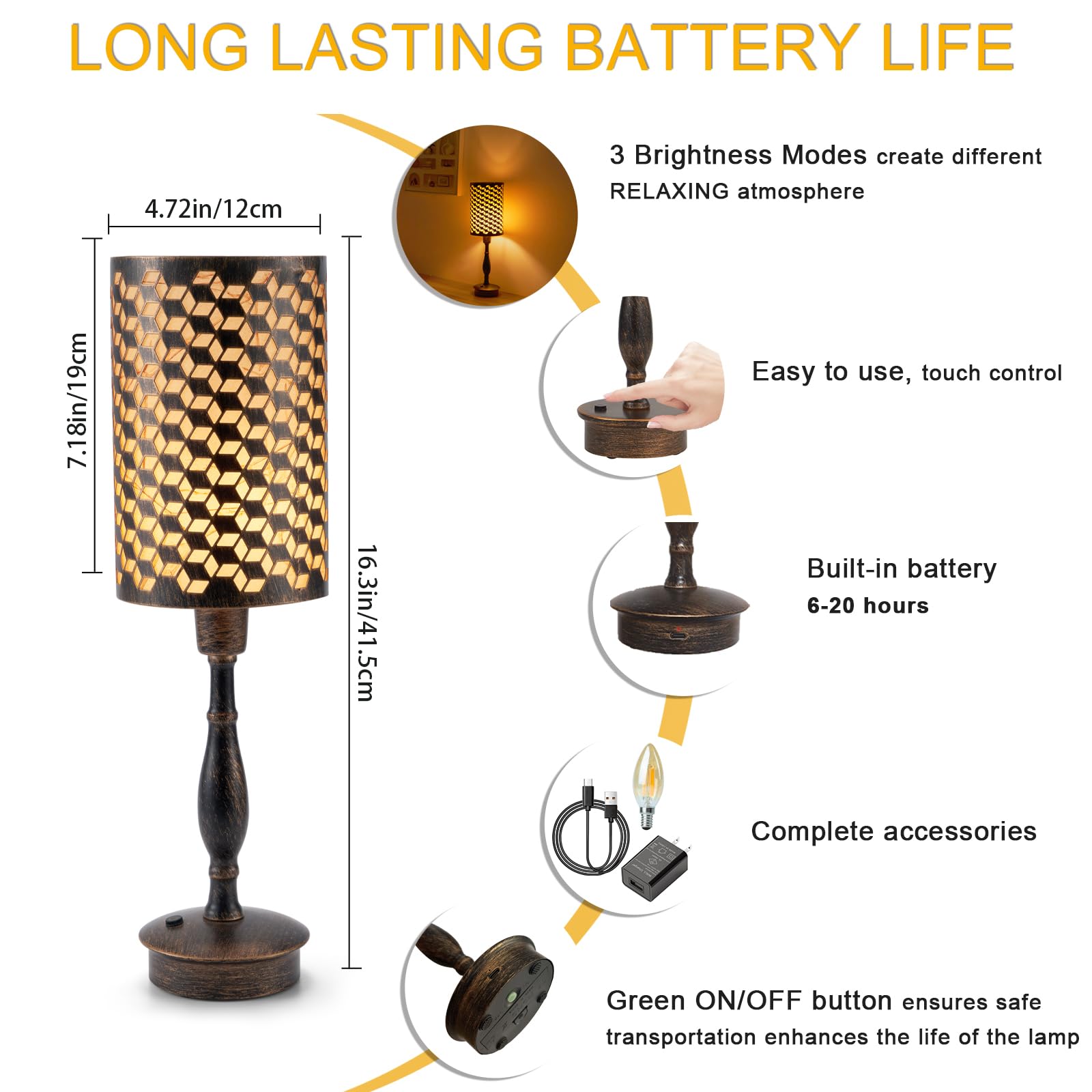 Umexus Rechargeable Led Cordless Lamp With Dimmer, Small Battery Operated Lamp, Touch Outdoor Patio Table Light, Living Room Sid