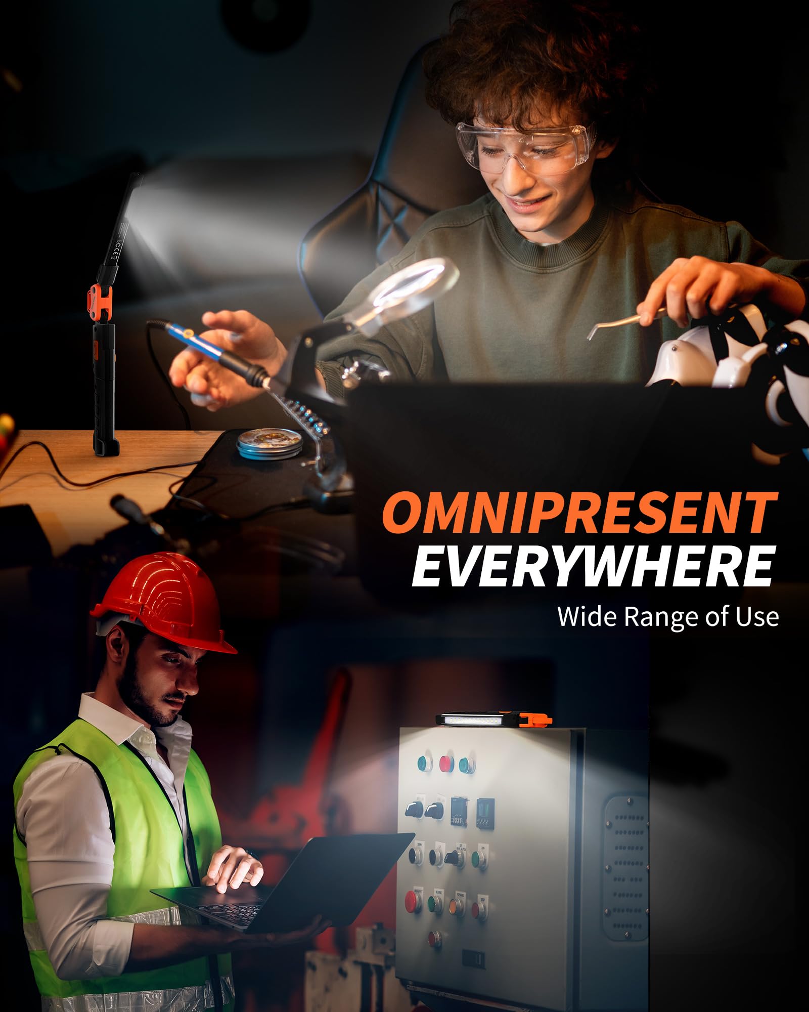 Anylight Led Work Light,400Lm Foldable Mechanic Light, Rechargeable Flashlight With 5 Modes, 230° Rotate And Hook Magnetic Light For Car Repair, Camping, Grill(1 Pack Upgrade)