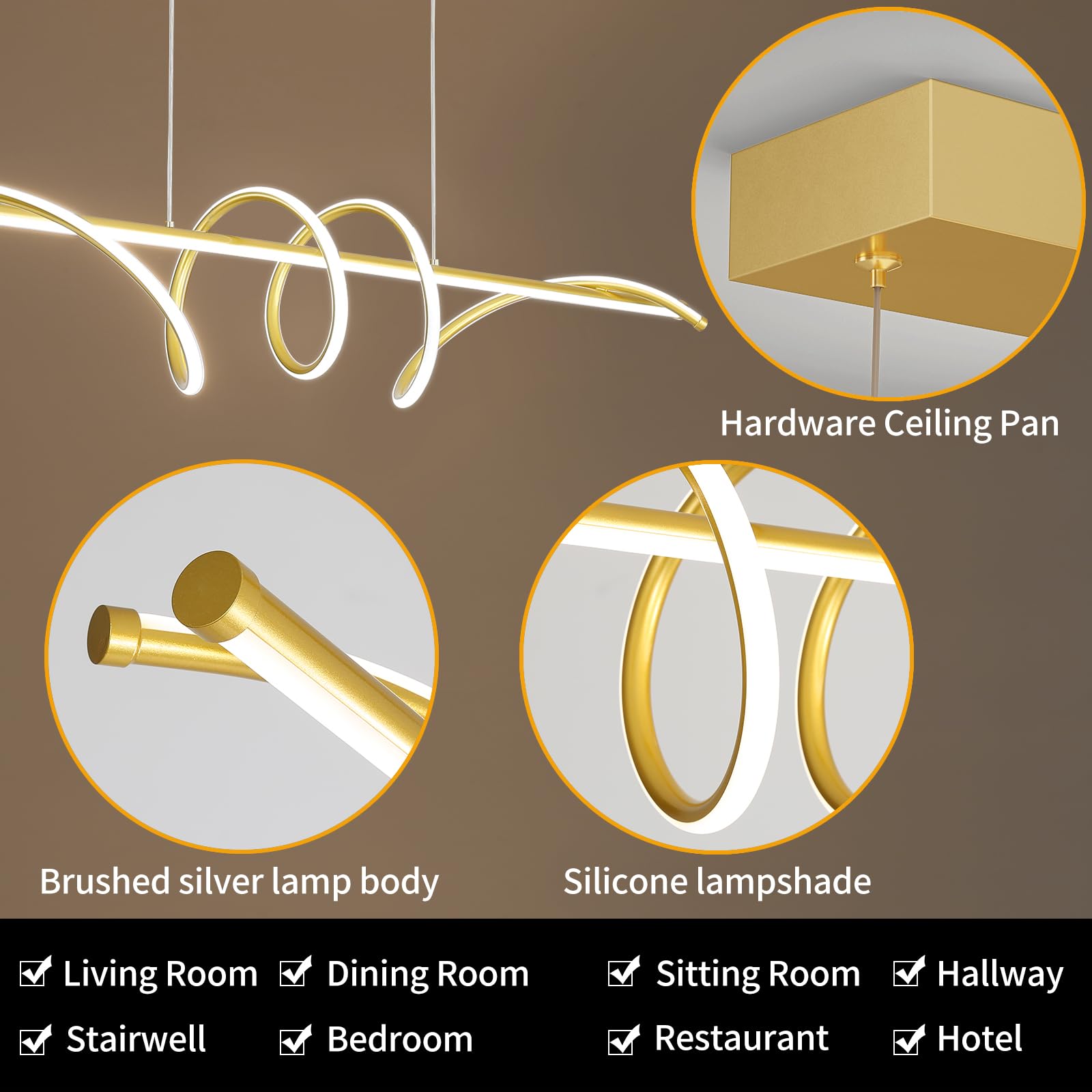 Matven Modern Design Dimmable Desk Linear Pendant Light, Aluminum, 47IN, Gold, Remote Control, 3 Color Modes, Anti-Flicker