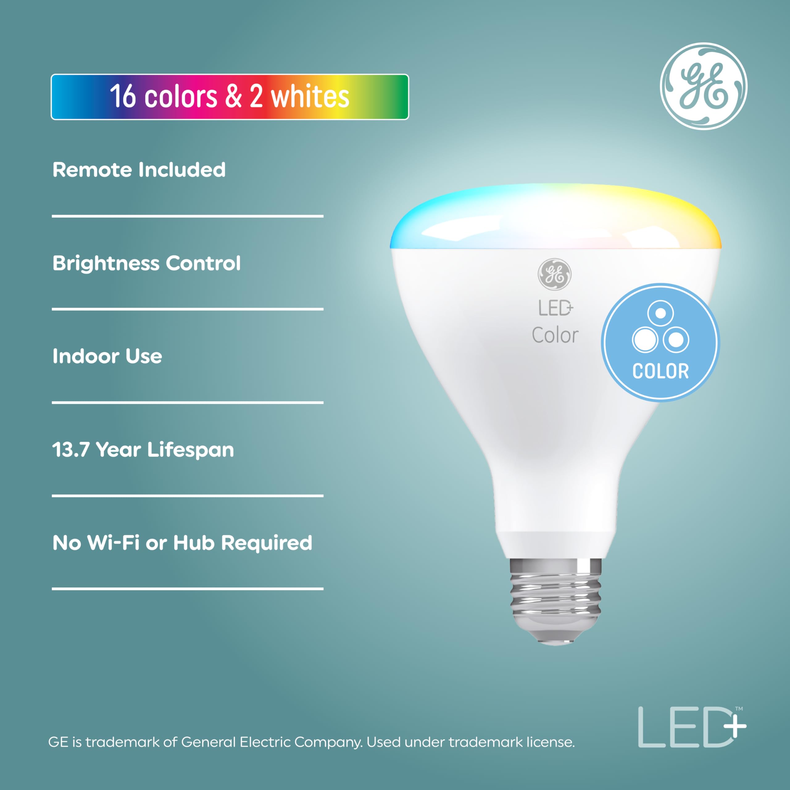 GE Lighting BR30 Indoor Floodlight Bulb, 18 Colors, 5 Light Modes, Remote Included, 1 Count, Model 93100286