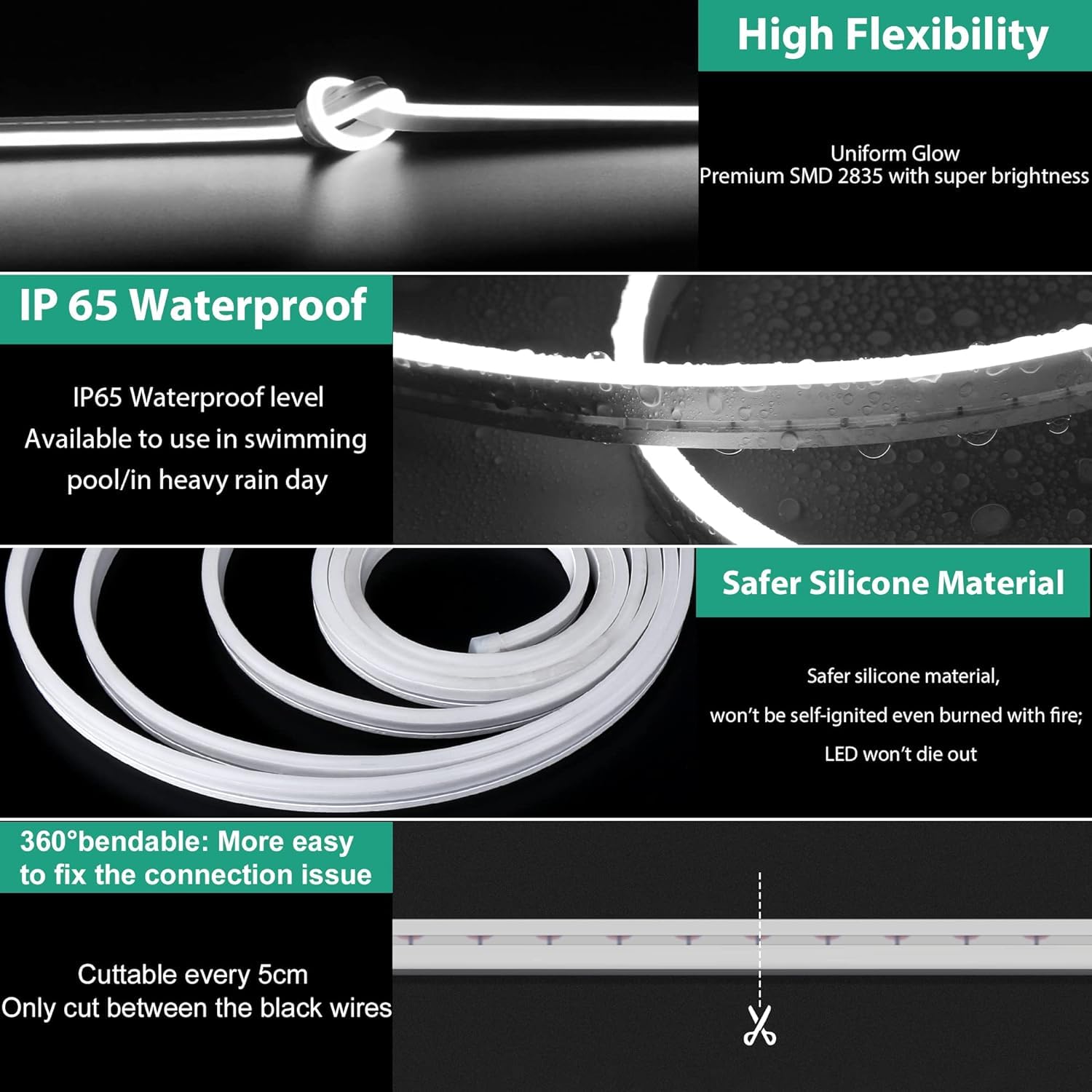 Lamomo Led Strip Lights, 65.6Ft White Dimmable Neon Led Rope Lights, 24V Waterproof Led Light Strip, 6000K Flexible Neon Lights