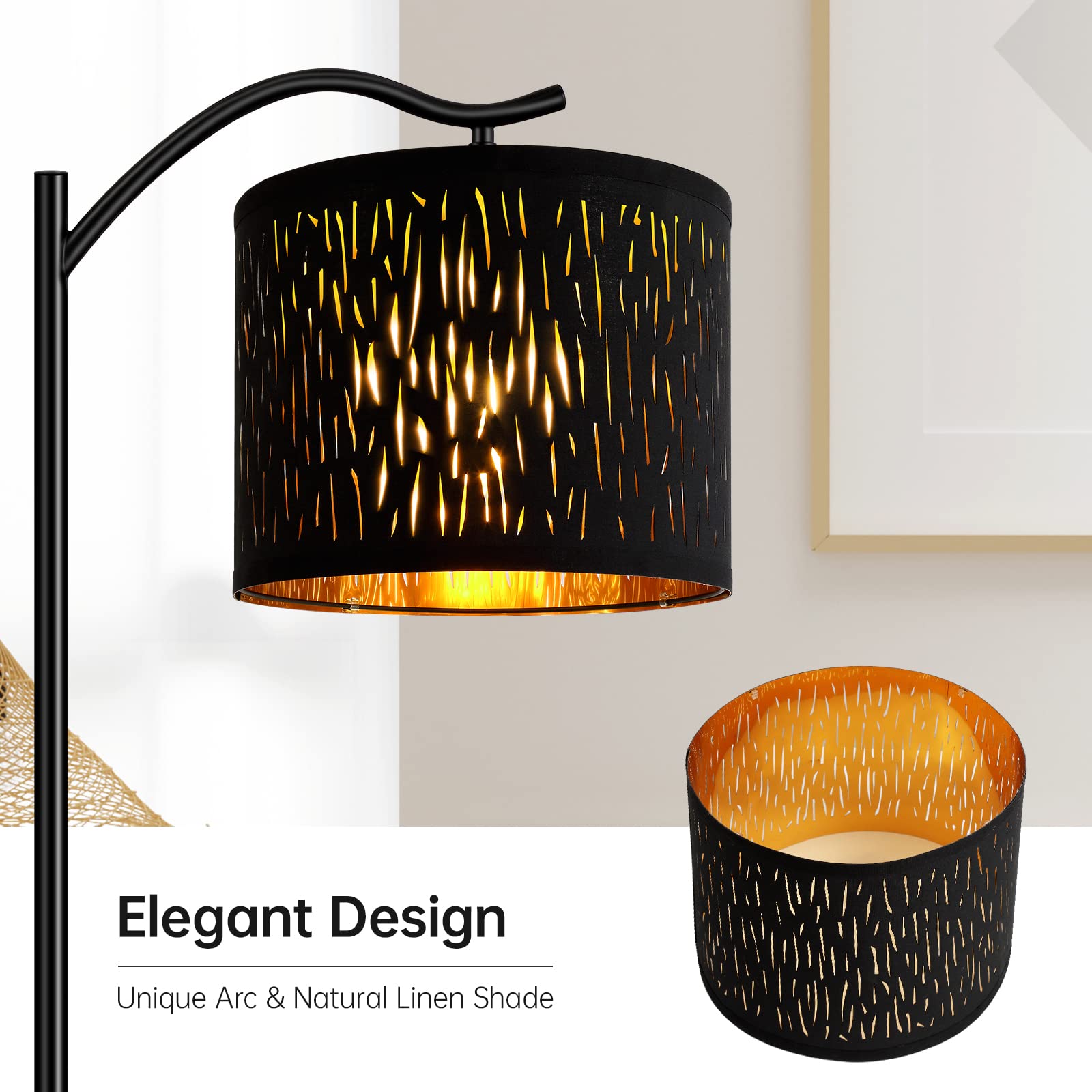 Boostarea Tree Texture Shade Floor Lamp - 8W Led Arched Standing Lamp With Linen Shade, Mid Century Design For Living Room, Bedr